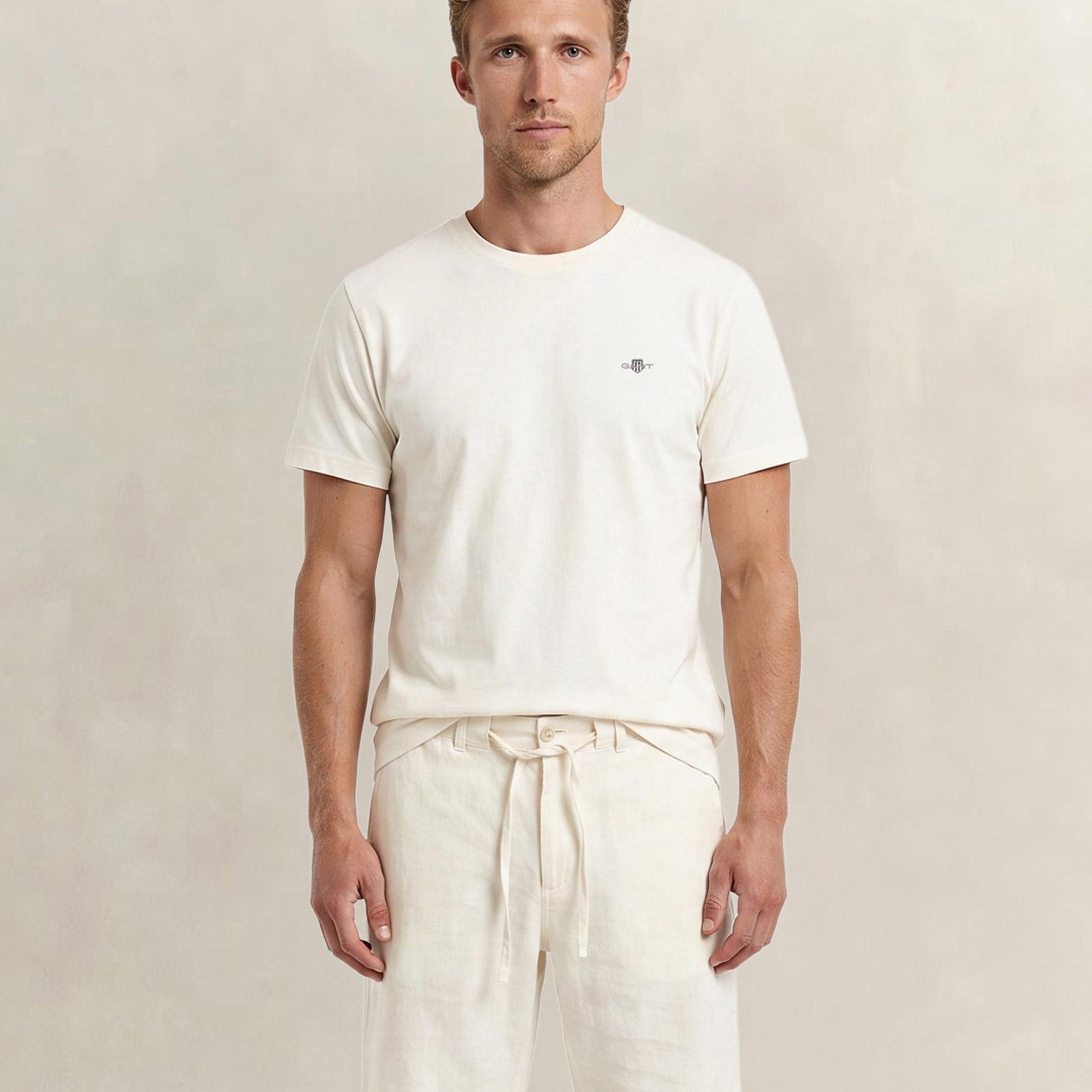 GANT Erkek Beyaz Bisiklet Yaka Regular Fit Logolu T-Shirt