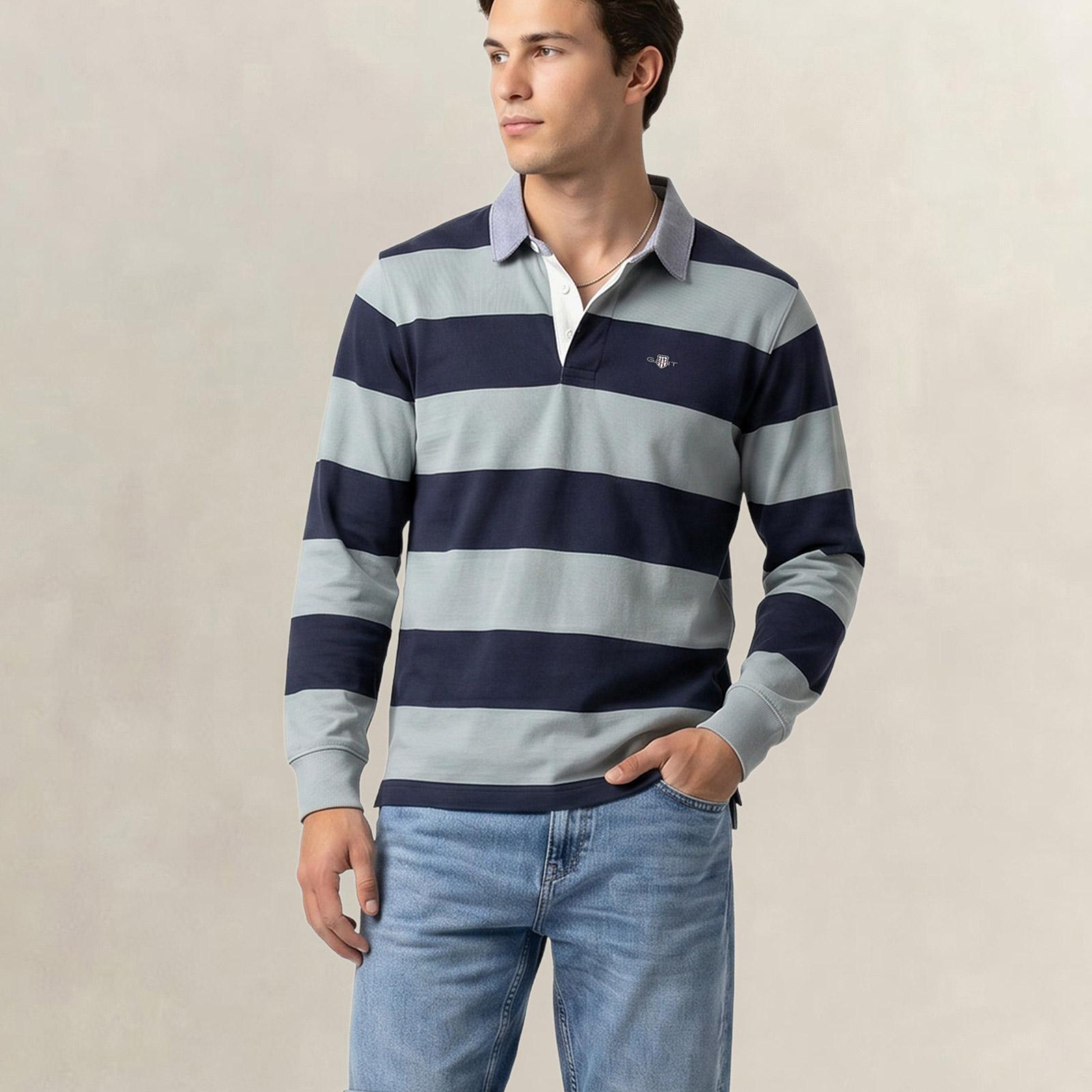 GANT Erkek Yeşil Regular Fit Çizgili Logolu Polo Yaka Rugby T-Shirt