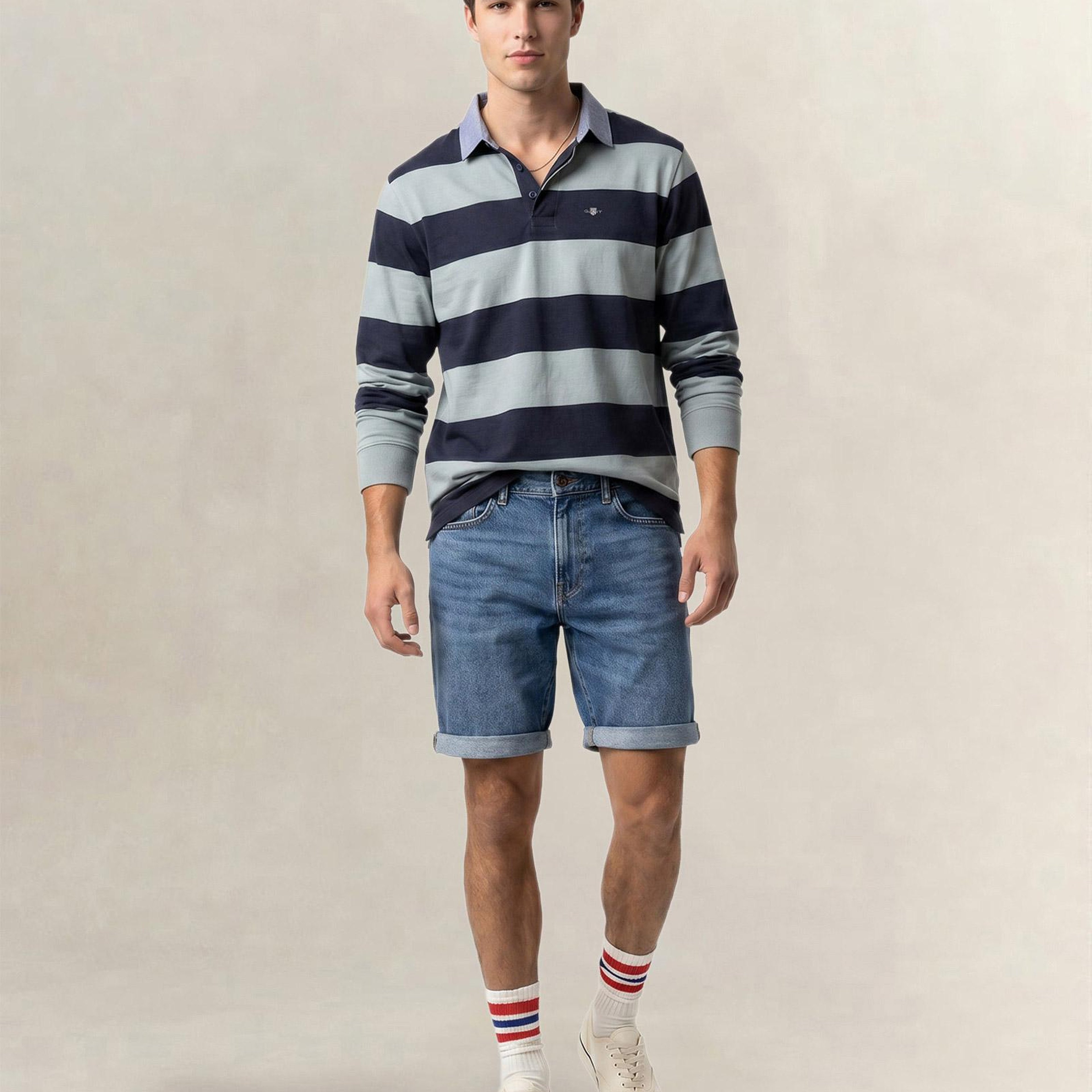 GANT Erkek Yeşil Regular Fit Çizgili Logolu Polo Yaka Rugby T-Shirt