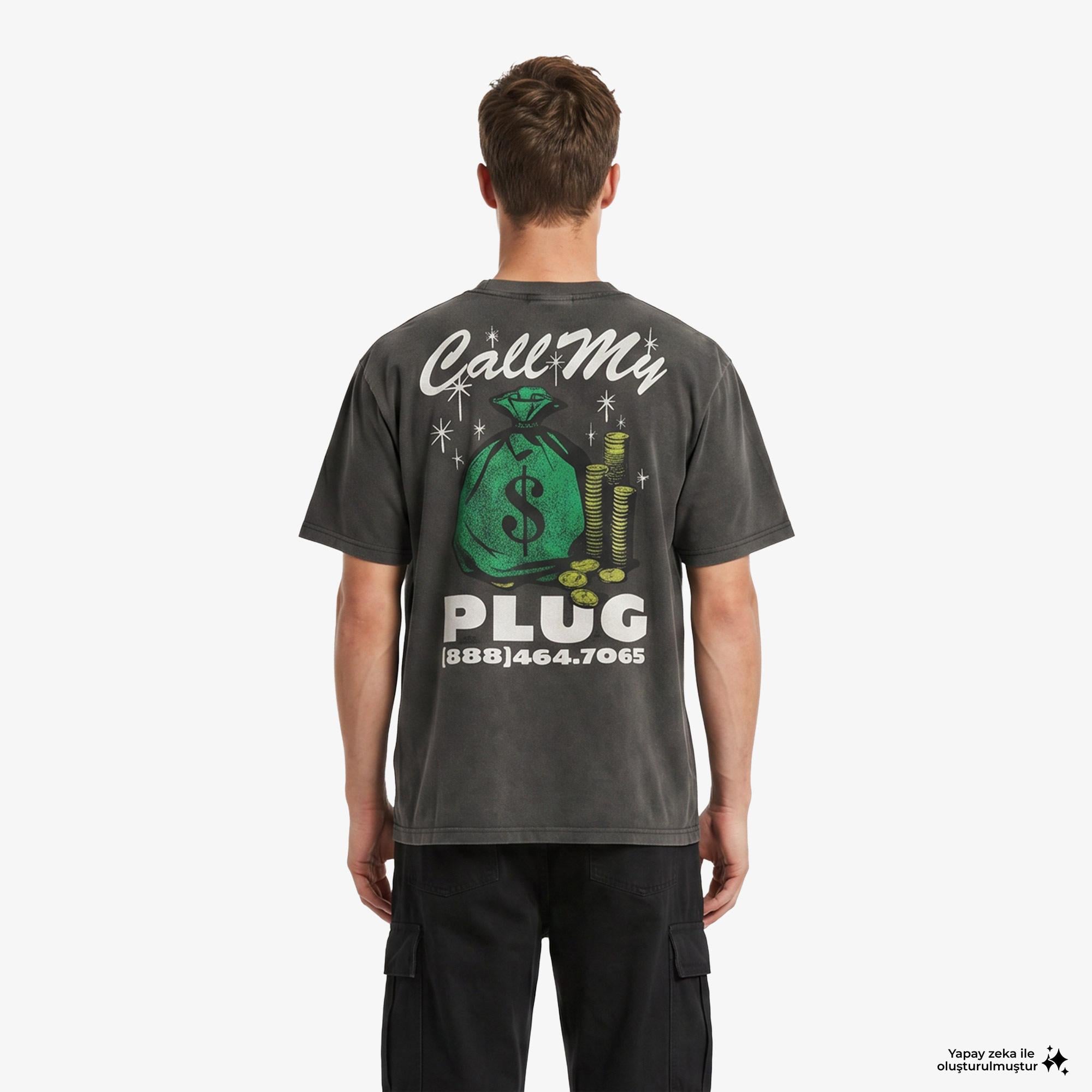 Market Call My Plug Erkek Siyah T-Shirt