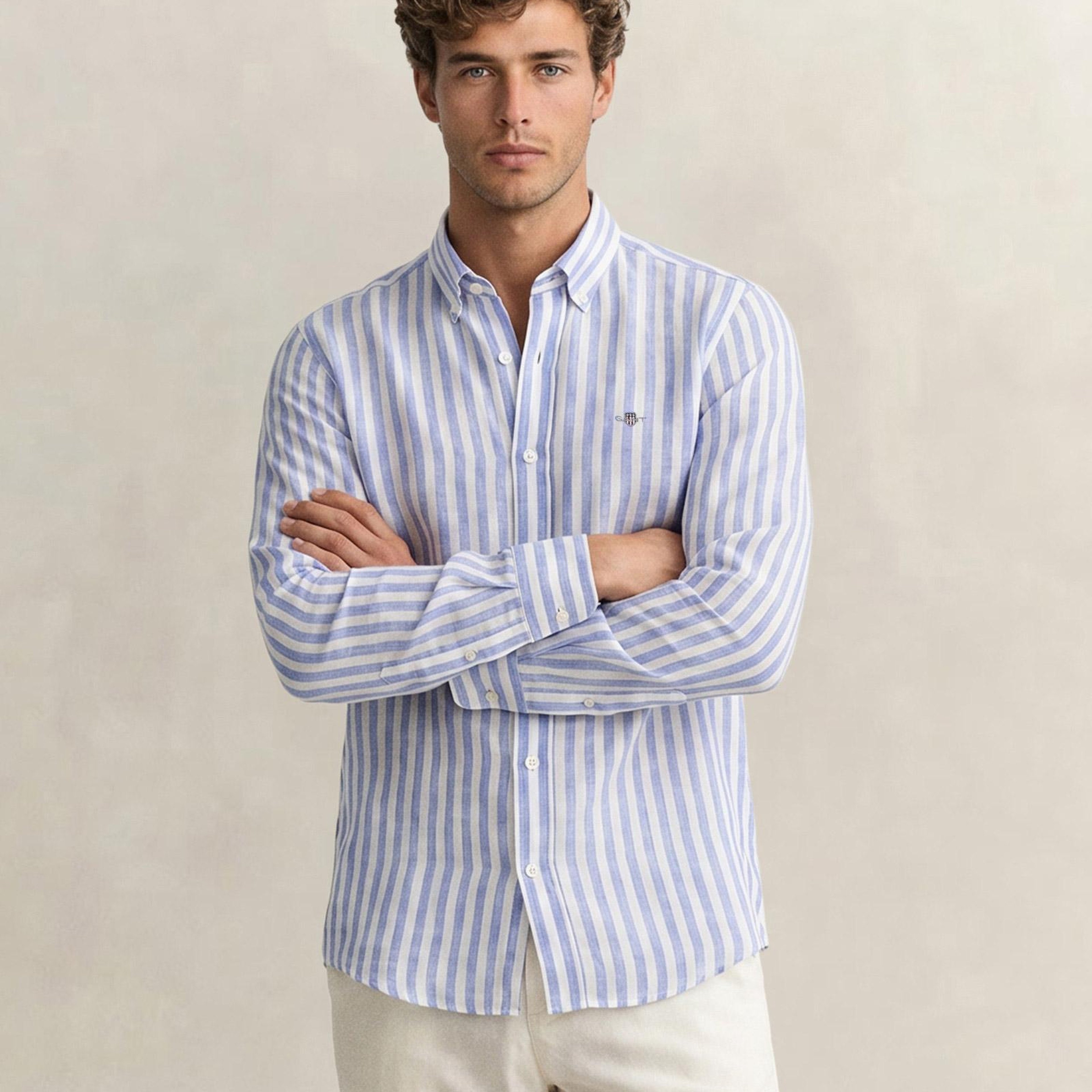 GANT Erkek Mavi Regular Fit Çizgili Logolu Gömlek