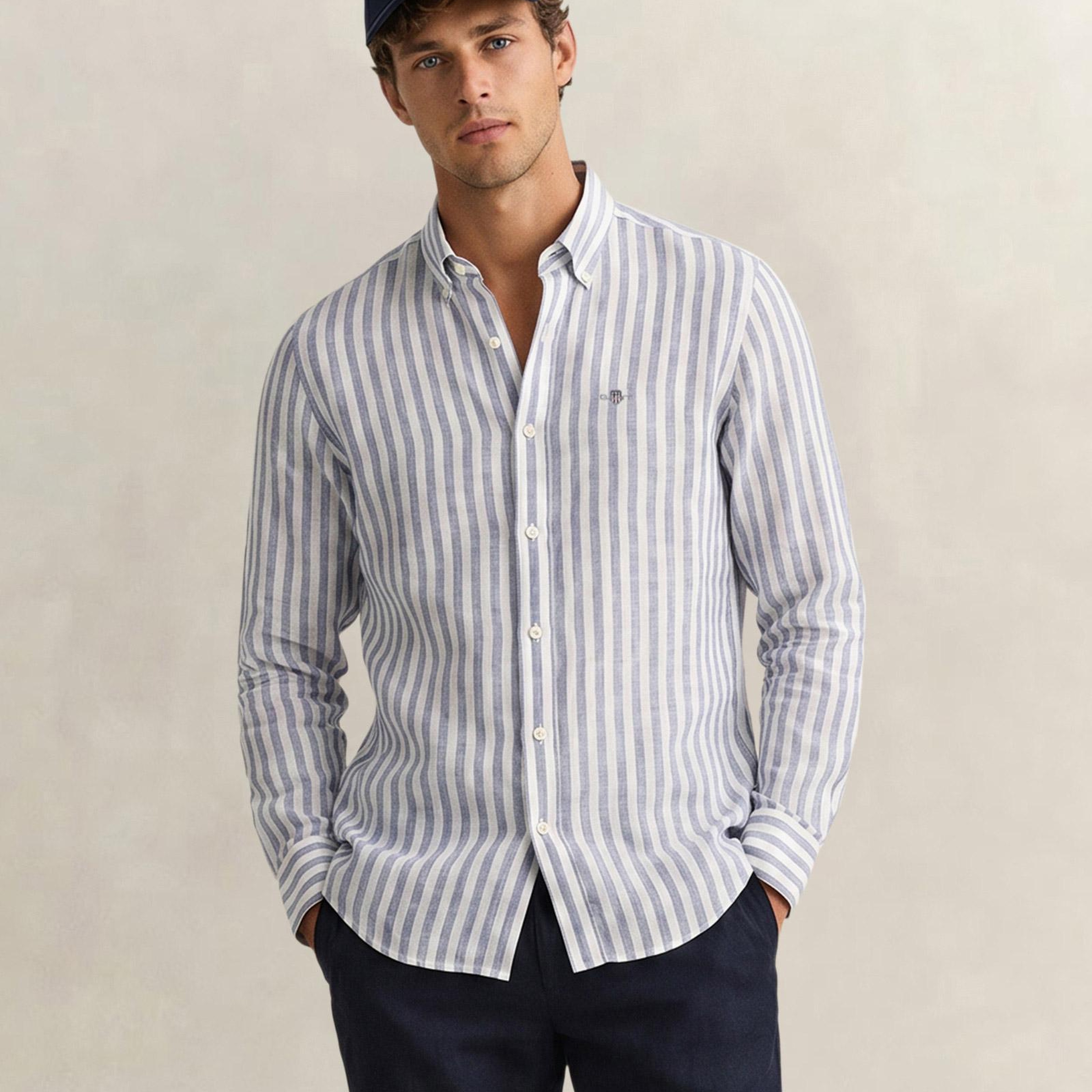 GANT Erkek Mavi Regular Fit Çizgili Logolu Gömlek
