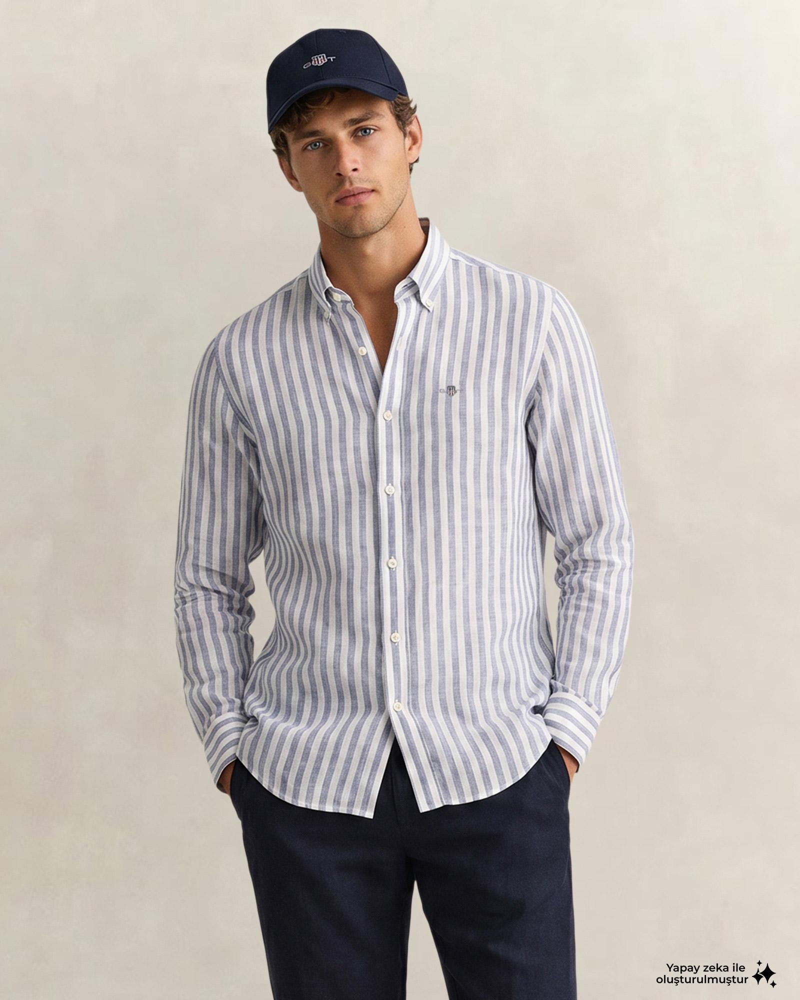 GANT Erkek Mavi Regular Fit Çizgili Logolu Gömlek