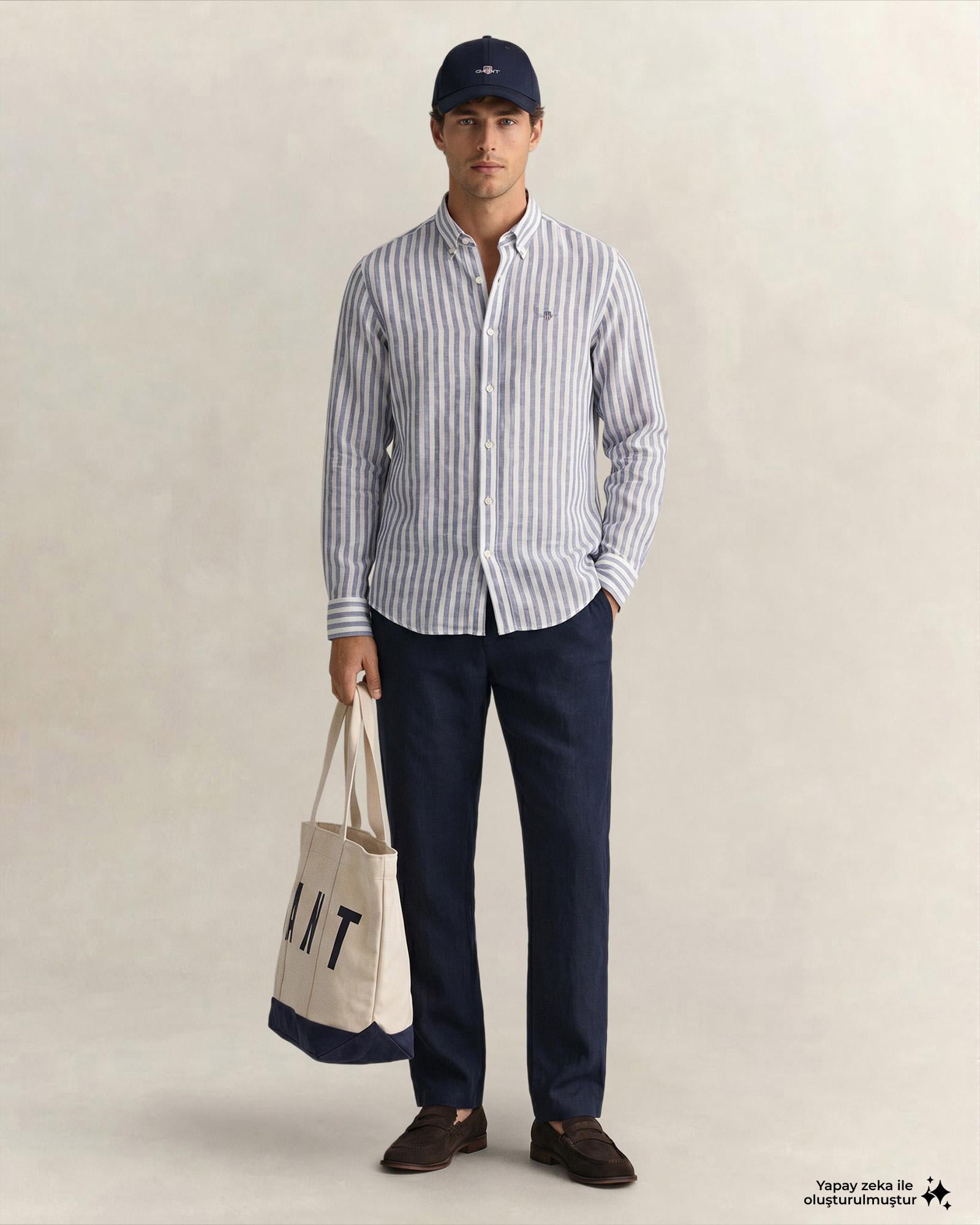 GANT Erkek Mavi Regular Fit Çizgili Logolu Gömlek