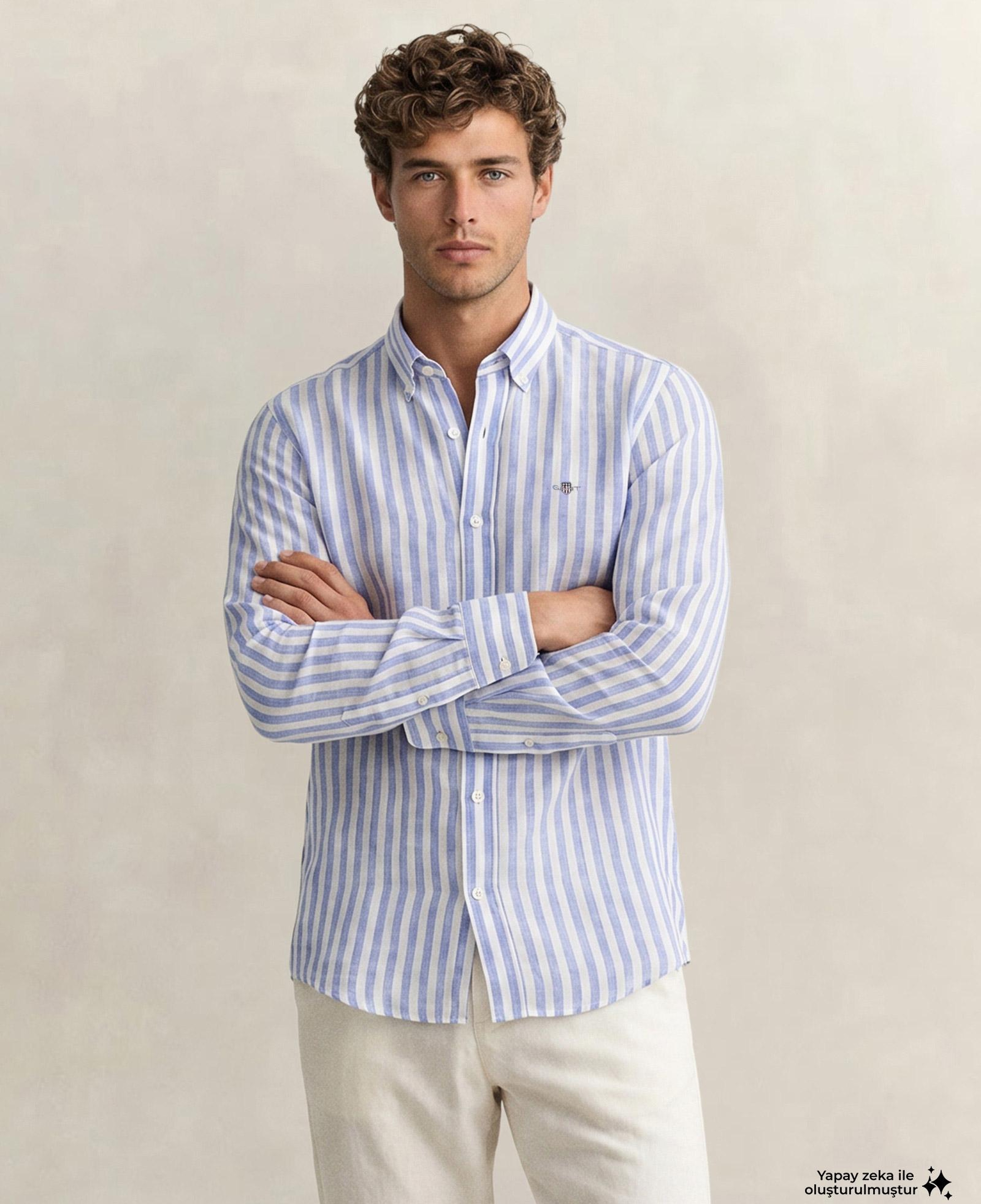 GANT Erkek Mavi Regular Fit Çizgili Logolu Gömlek