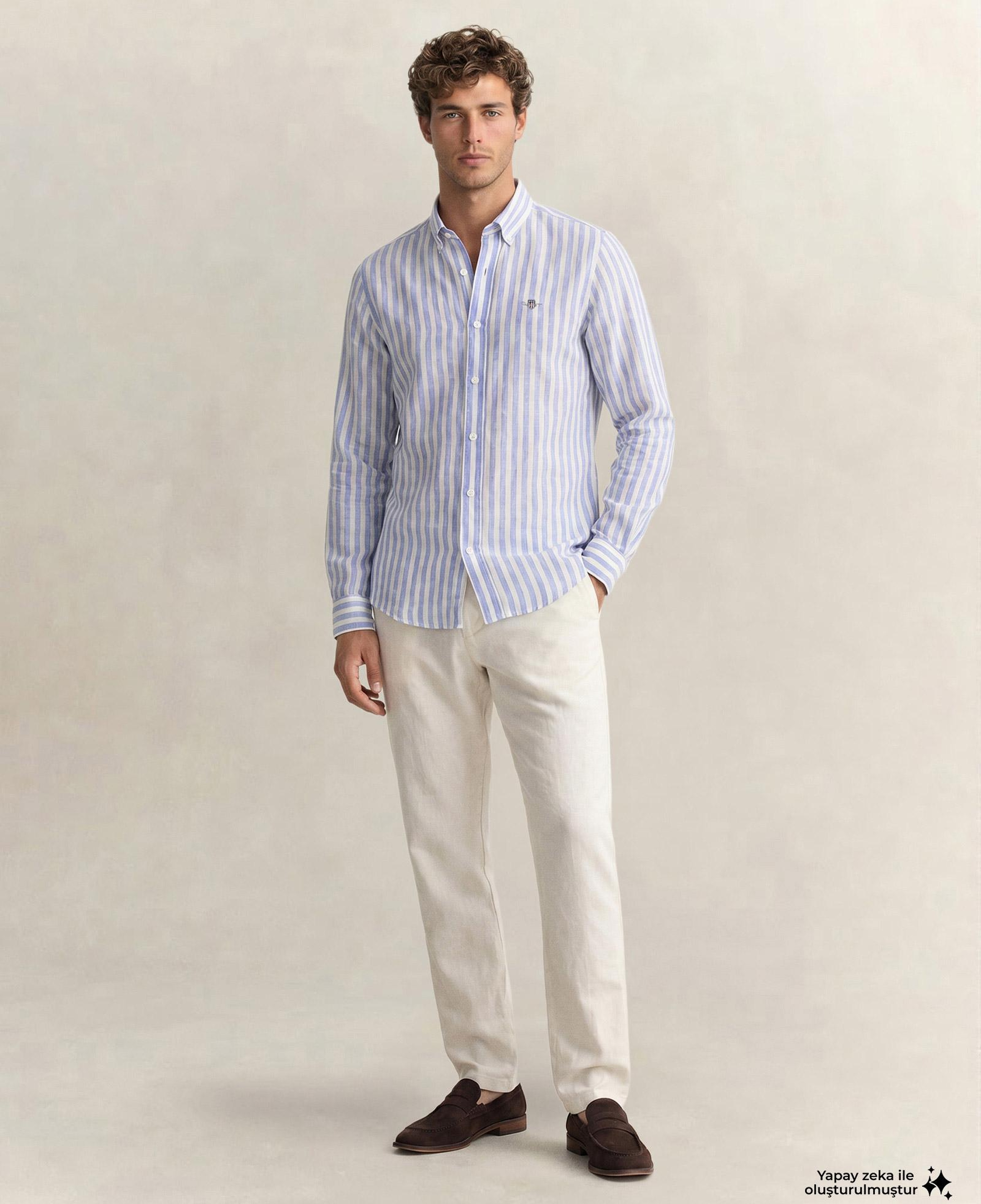 GANT Erkek Mavi Regular Fit Çizgili Logolu Gömlek