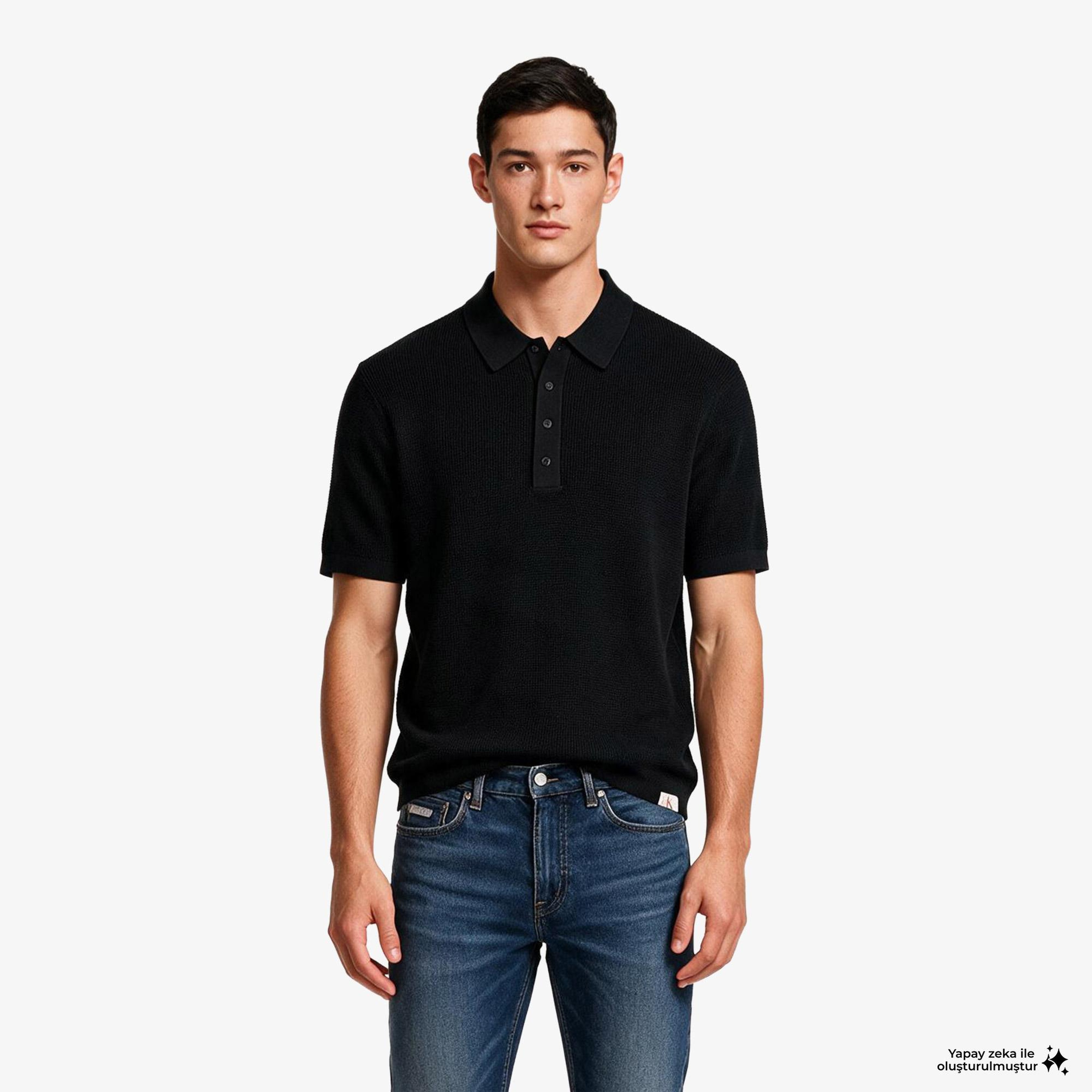 Calvin Klein Cotton Waffle Erkek Siyah Triko