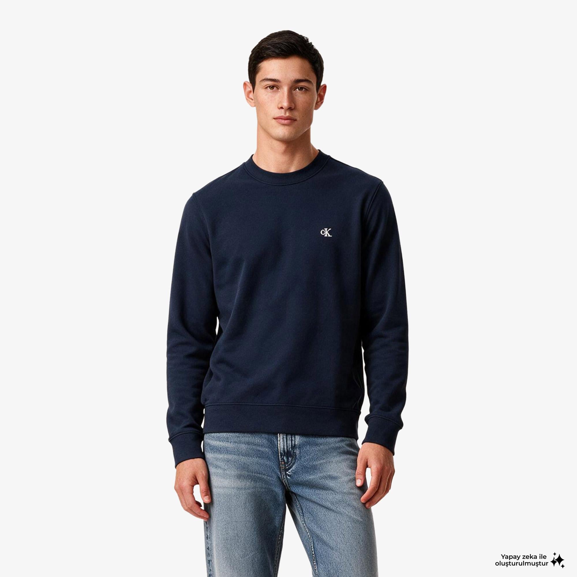 Calvin Klein Terry Monogram Erkek Mavi Sweatshirt