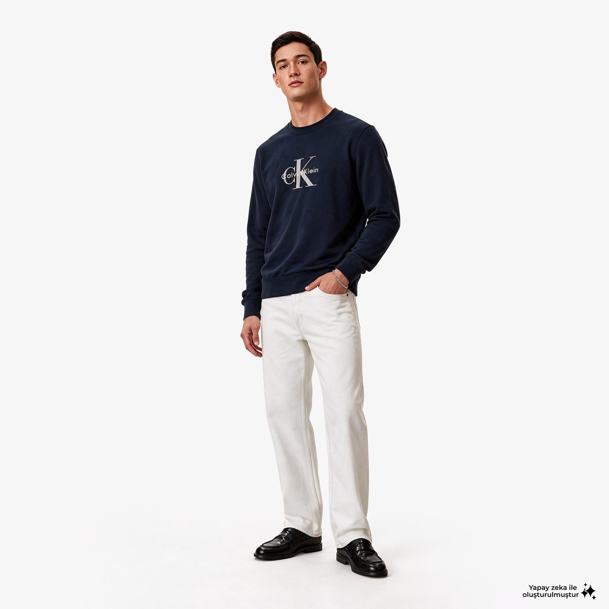 Calvin Klein Terry Monologo Erkek Mavi Sweatshirt