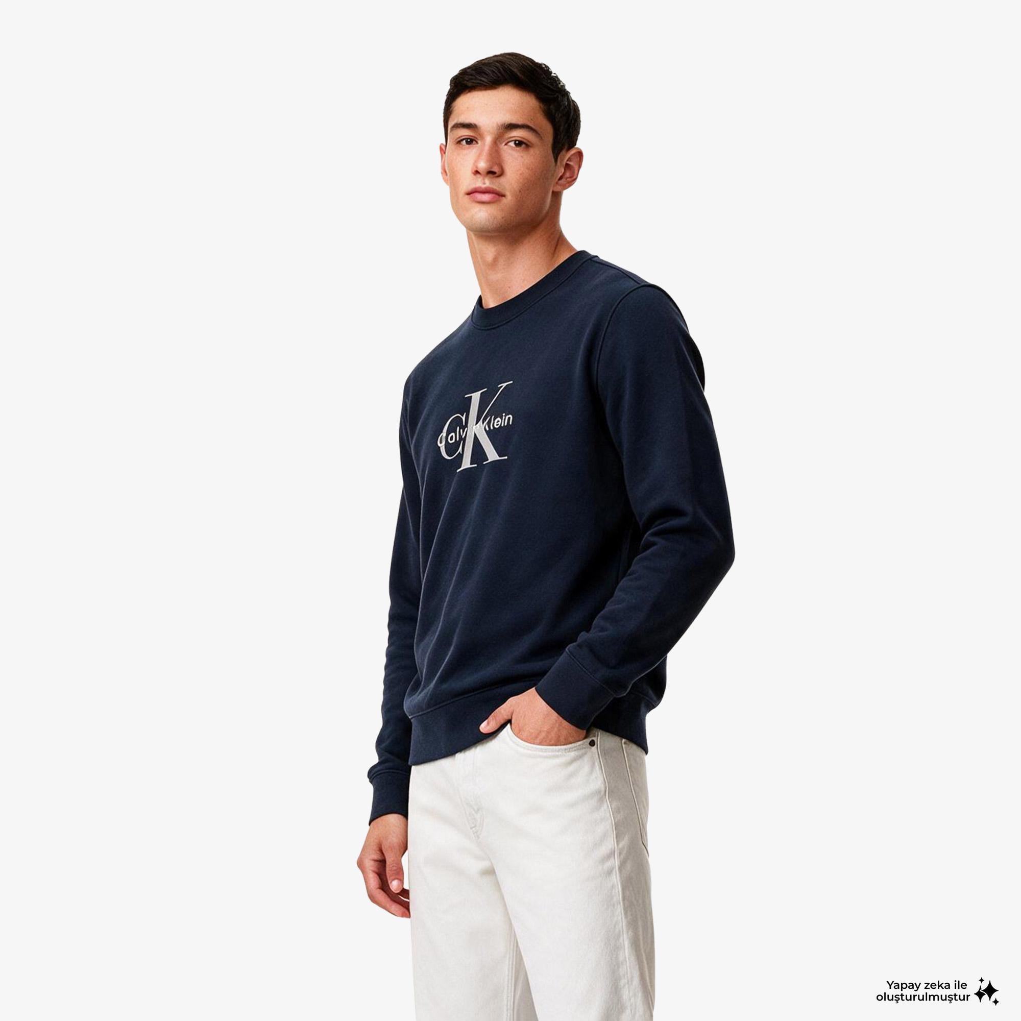 Calvin Klein Terry Monologo Erkek Mavi Sweatshirt