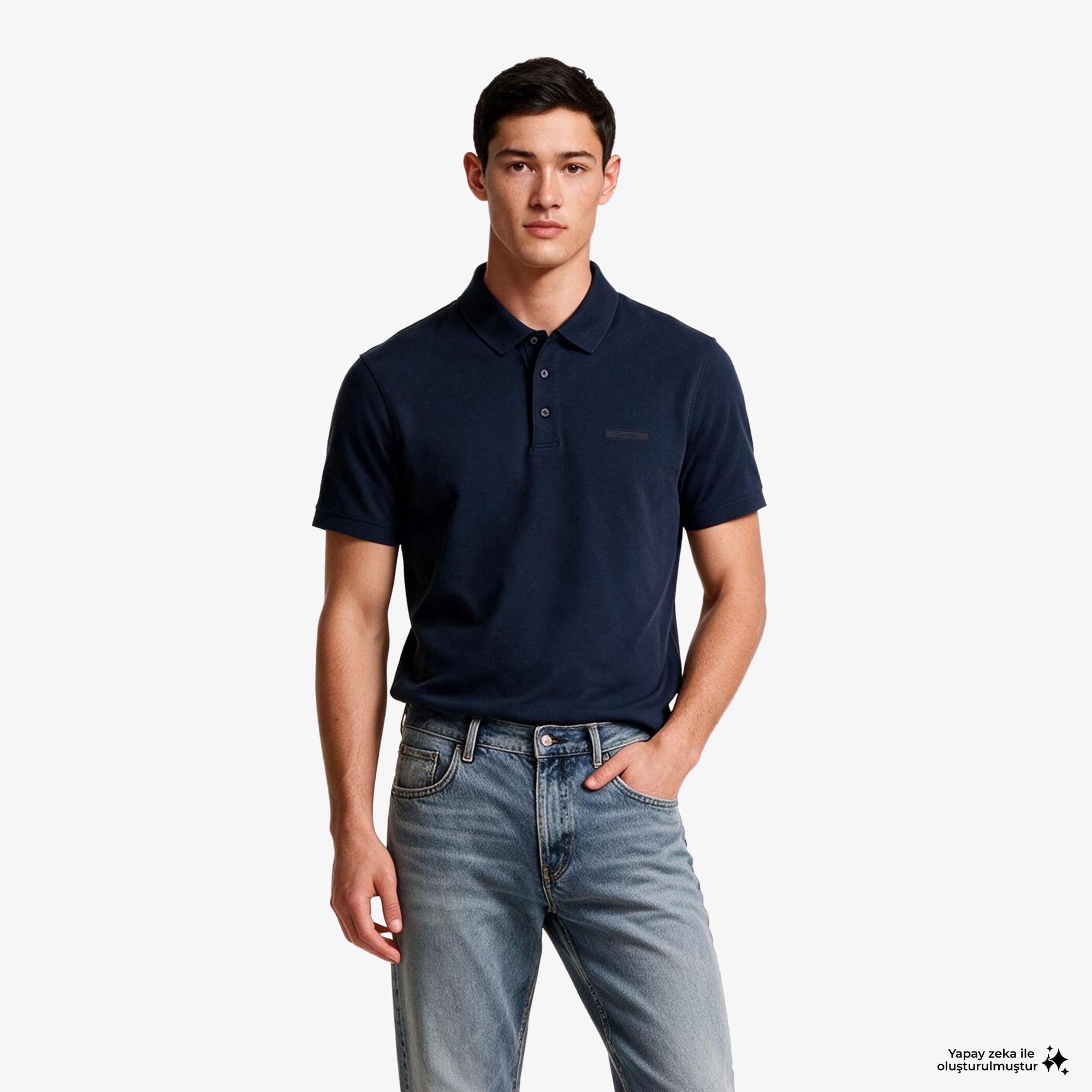 Calvin Klein Slim Supima Logo Patch Erkek Mavi Polo