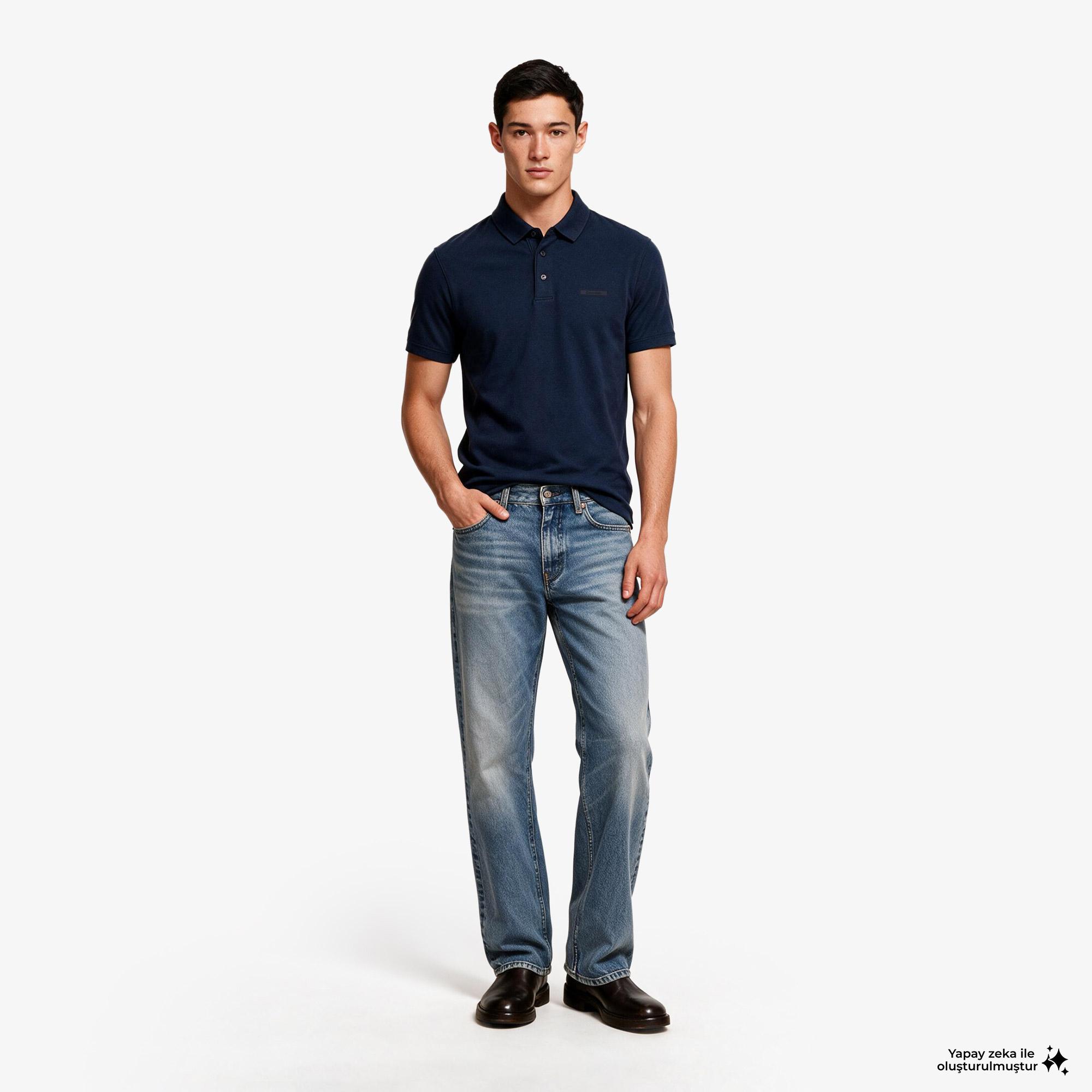 Calvin Klein Slim Supima Logo Patch Erkek Mavi Polo