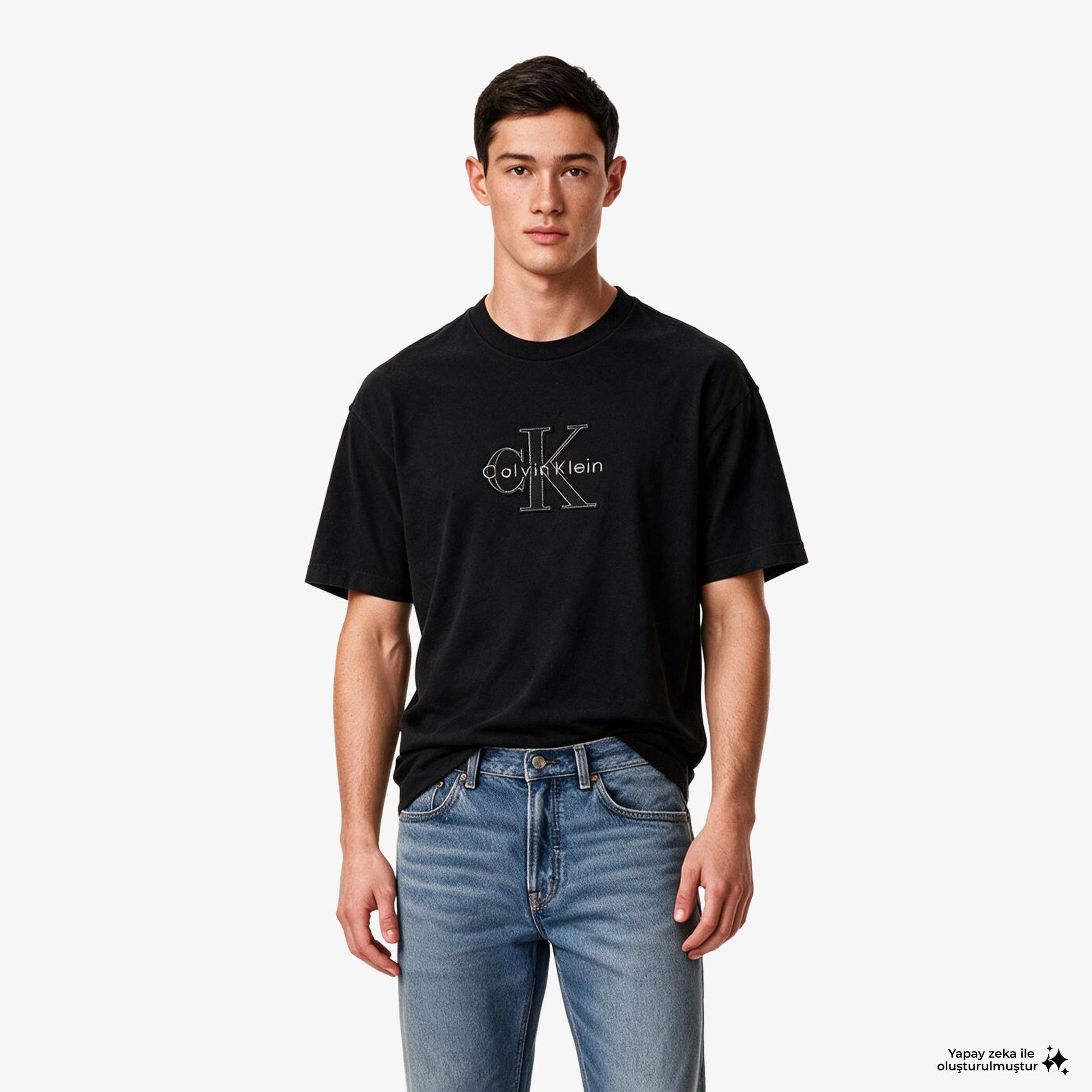 Calvin Klein 16S Linen Applıque Monologo Erkek Siyah T-Shirt