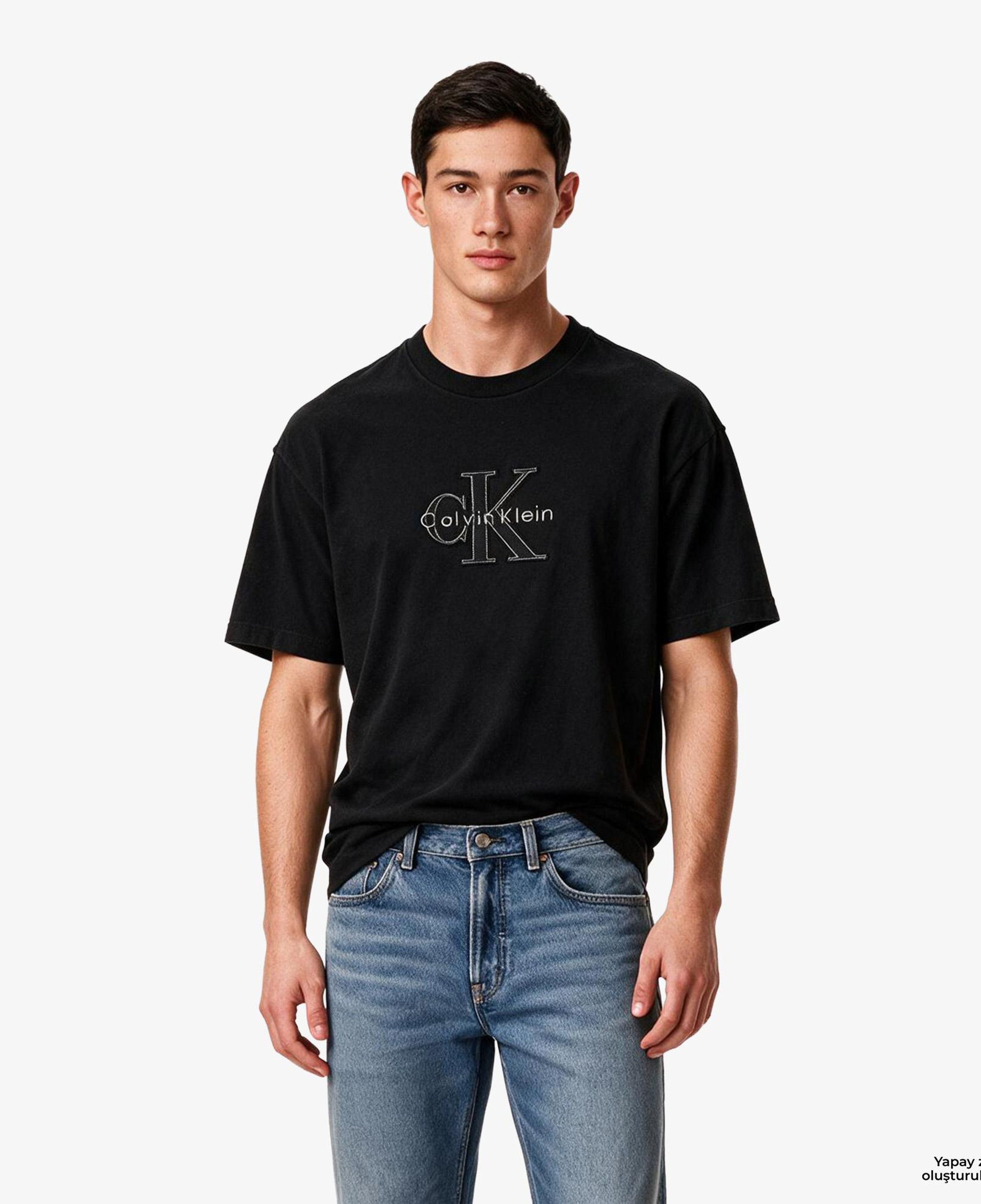 Calvin Klein 16S Linen Applıque Monologo Erkek Siyah T-Shirt