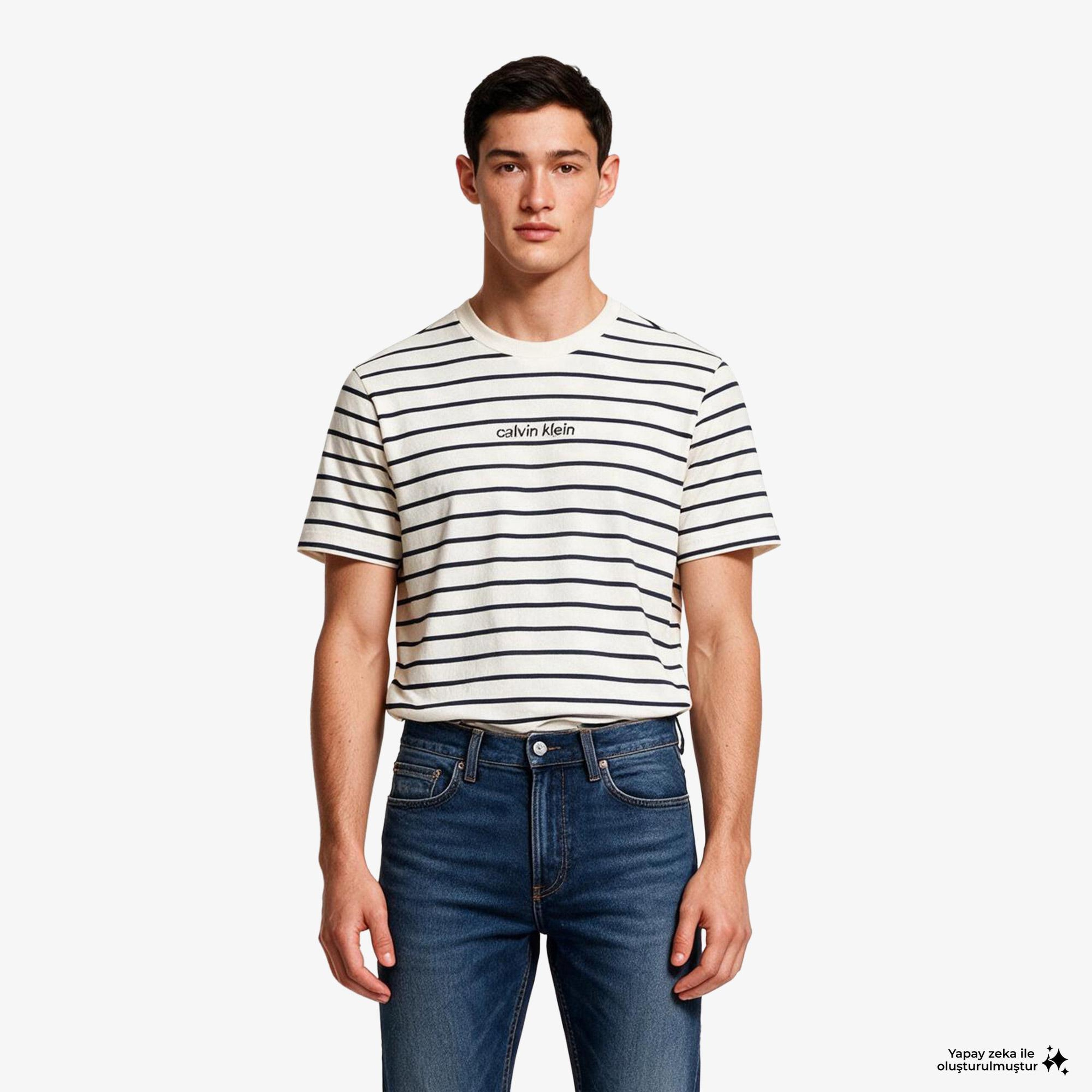 Calvin Klein 16S Stripe Easy Logo Erkek Beyaz T-Shirt