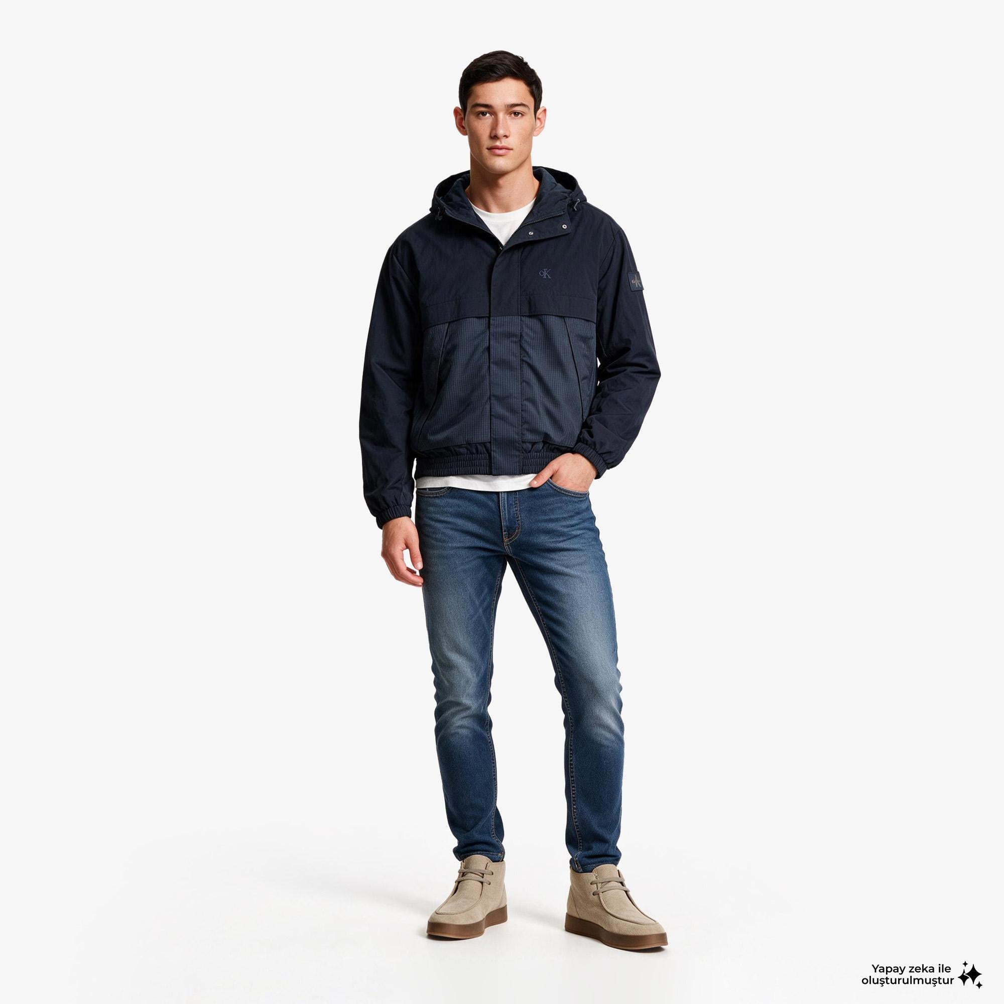 Calvin Klein Nylon Mixed Media Erkek Mavi Ceket