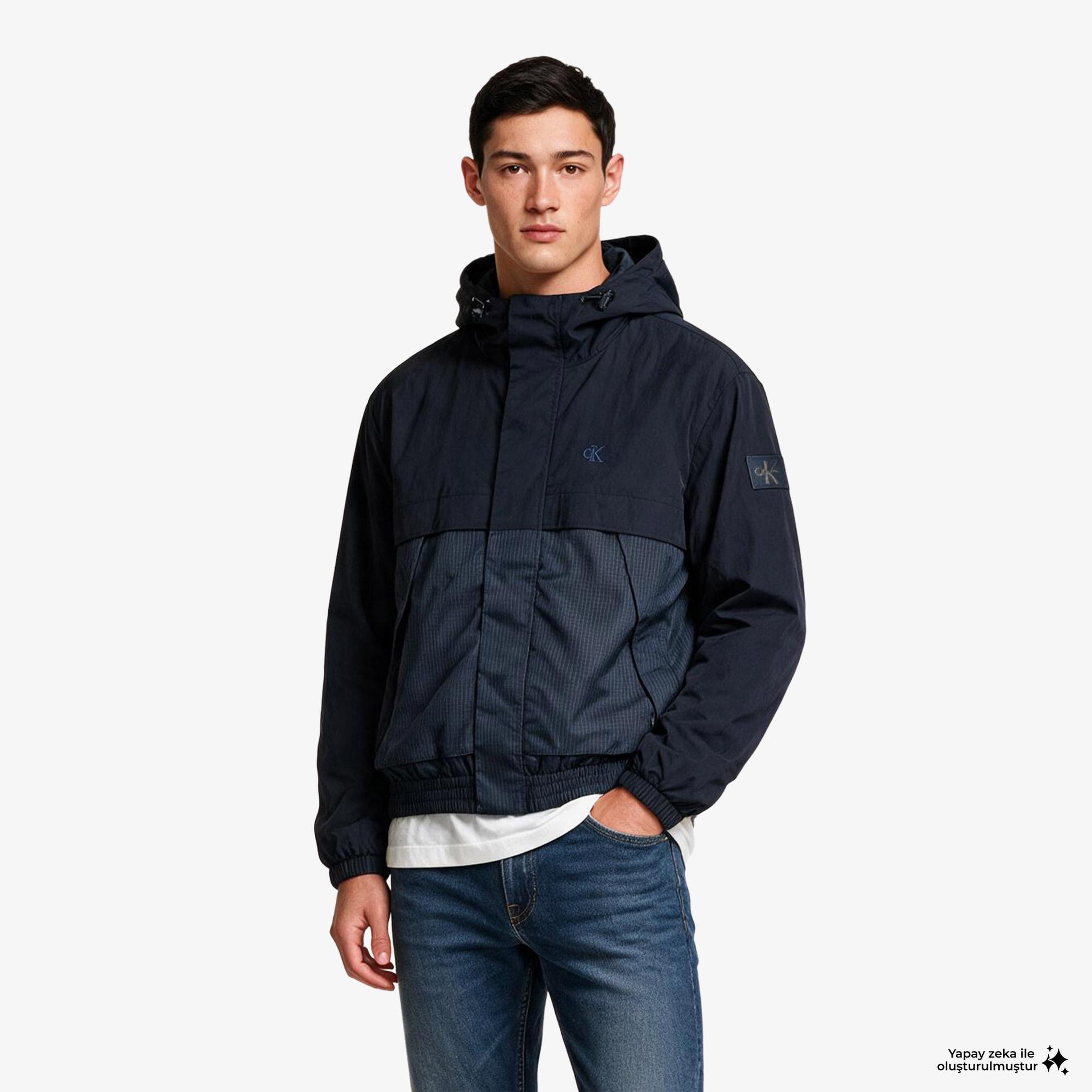 Calvin Klein Nylon Mixed Media Erkek Mavi Ceket
