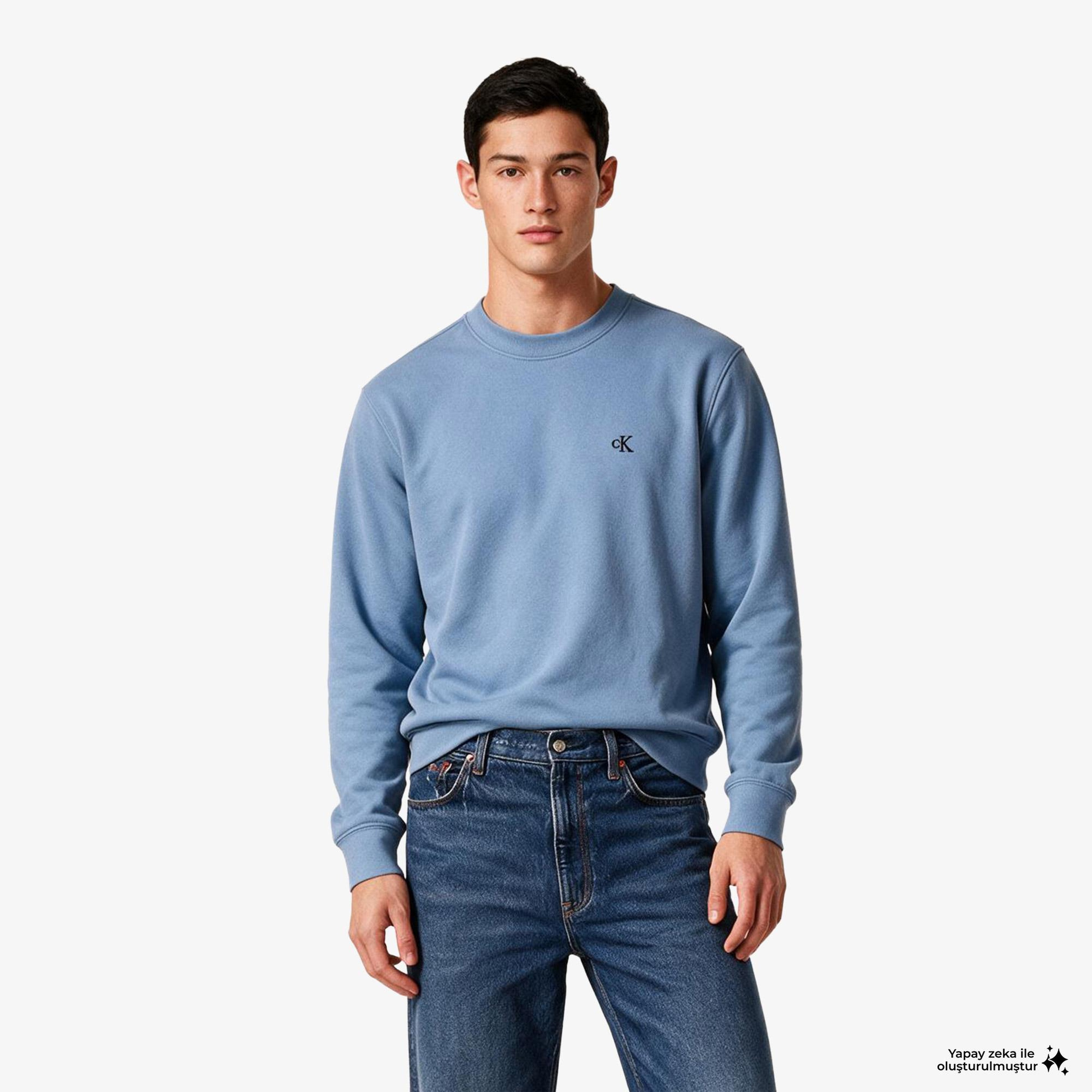 Calvin Klein Terry Monogram Erkek Mavi Sweatshirt