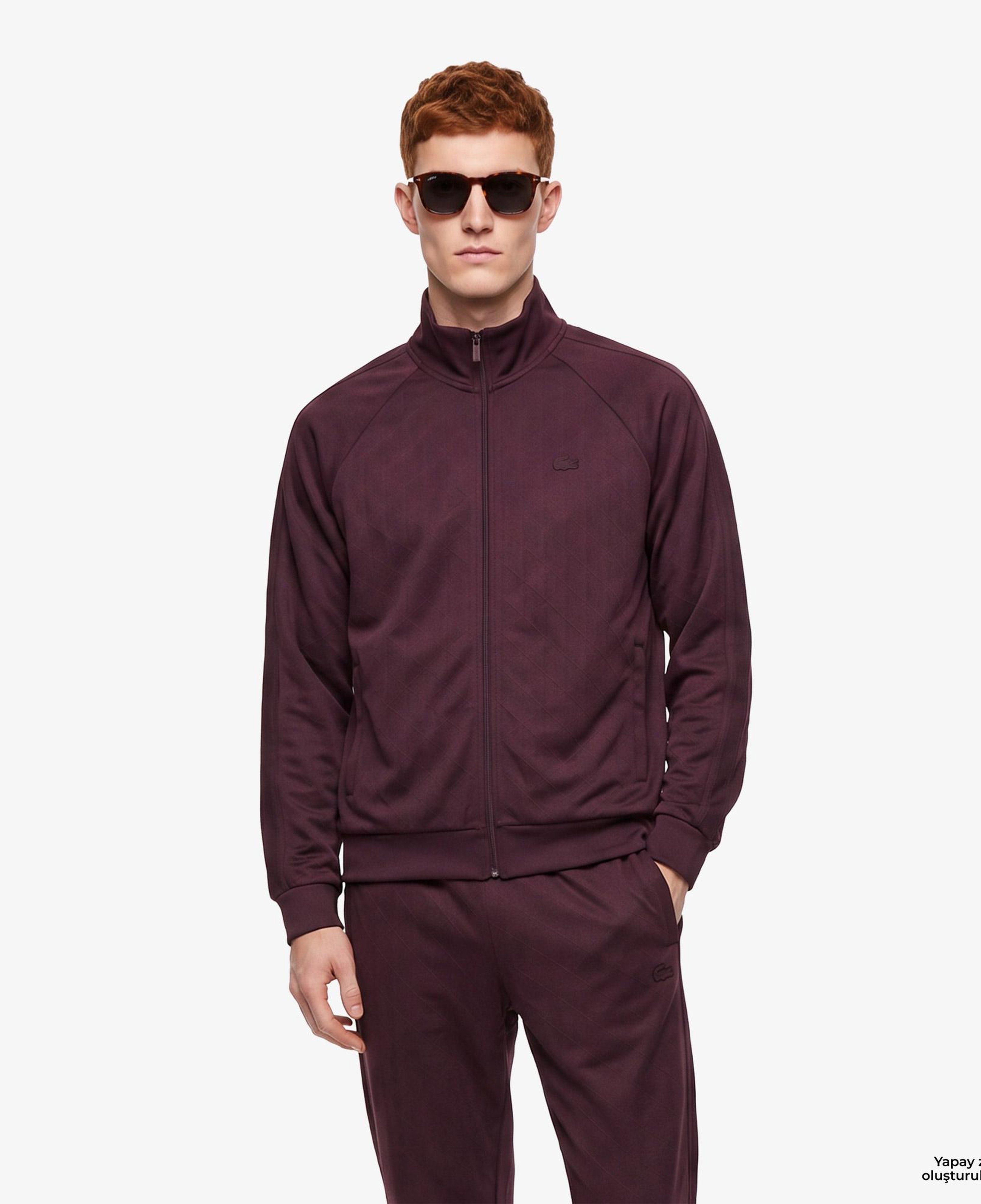 Erkek Regular Fit Fermuarlı Baskılı Bordo Sweatshirt
