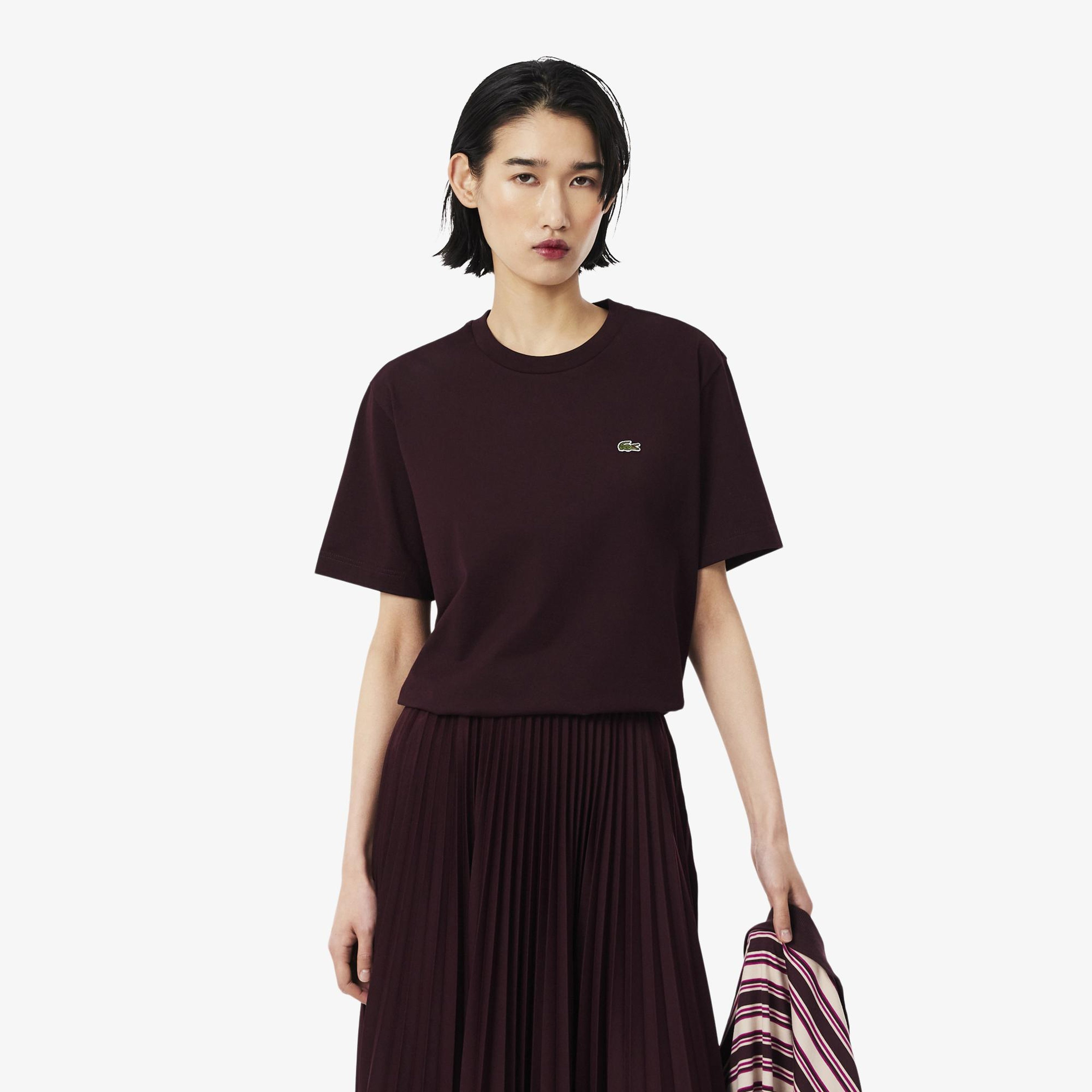 Kadın Relaxed Fit Bisiklet Yaka Bordo T-Shirt