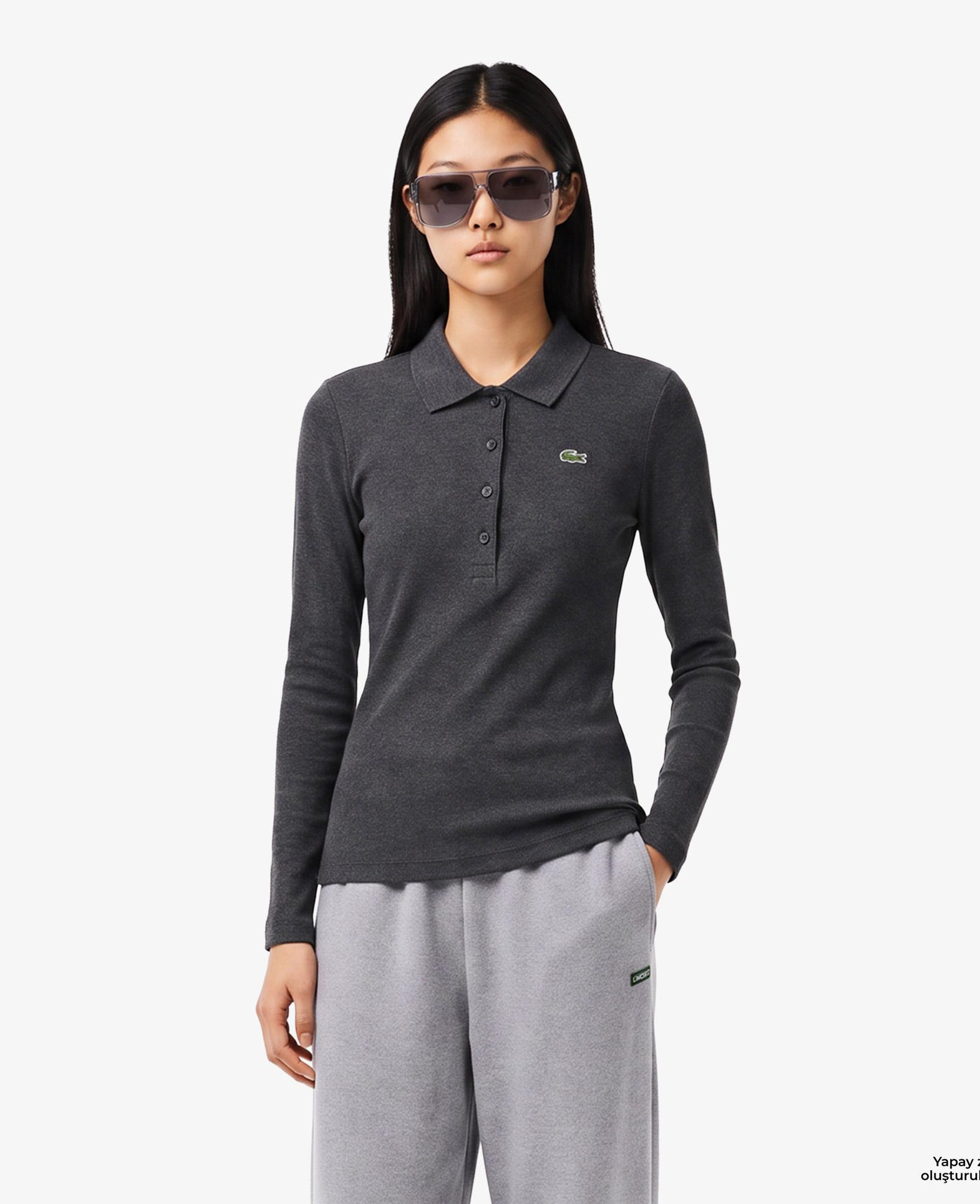 L.12.D Kadın Slim Fit Uzun Kollu Gri Polo