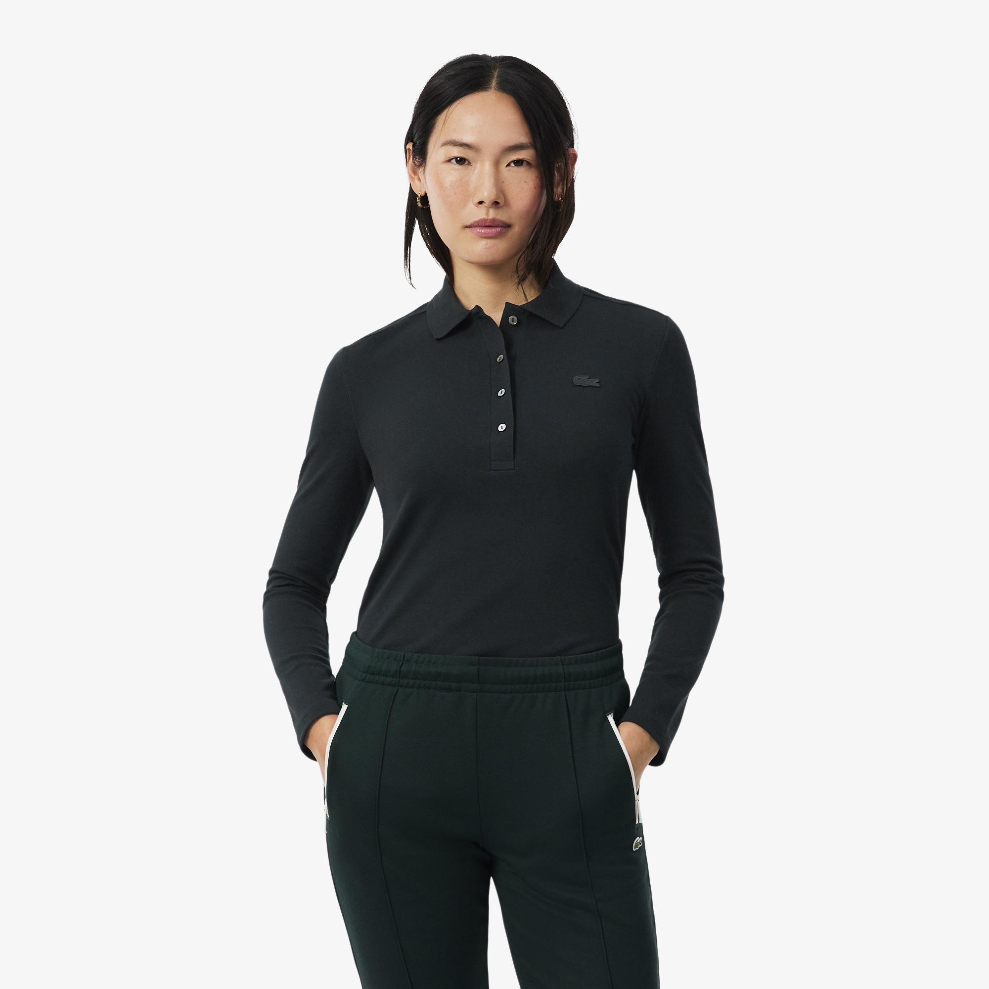 L.12.D Kadın Slim Fit Uzun Kollu Koyu Yeşil Polo