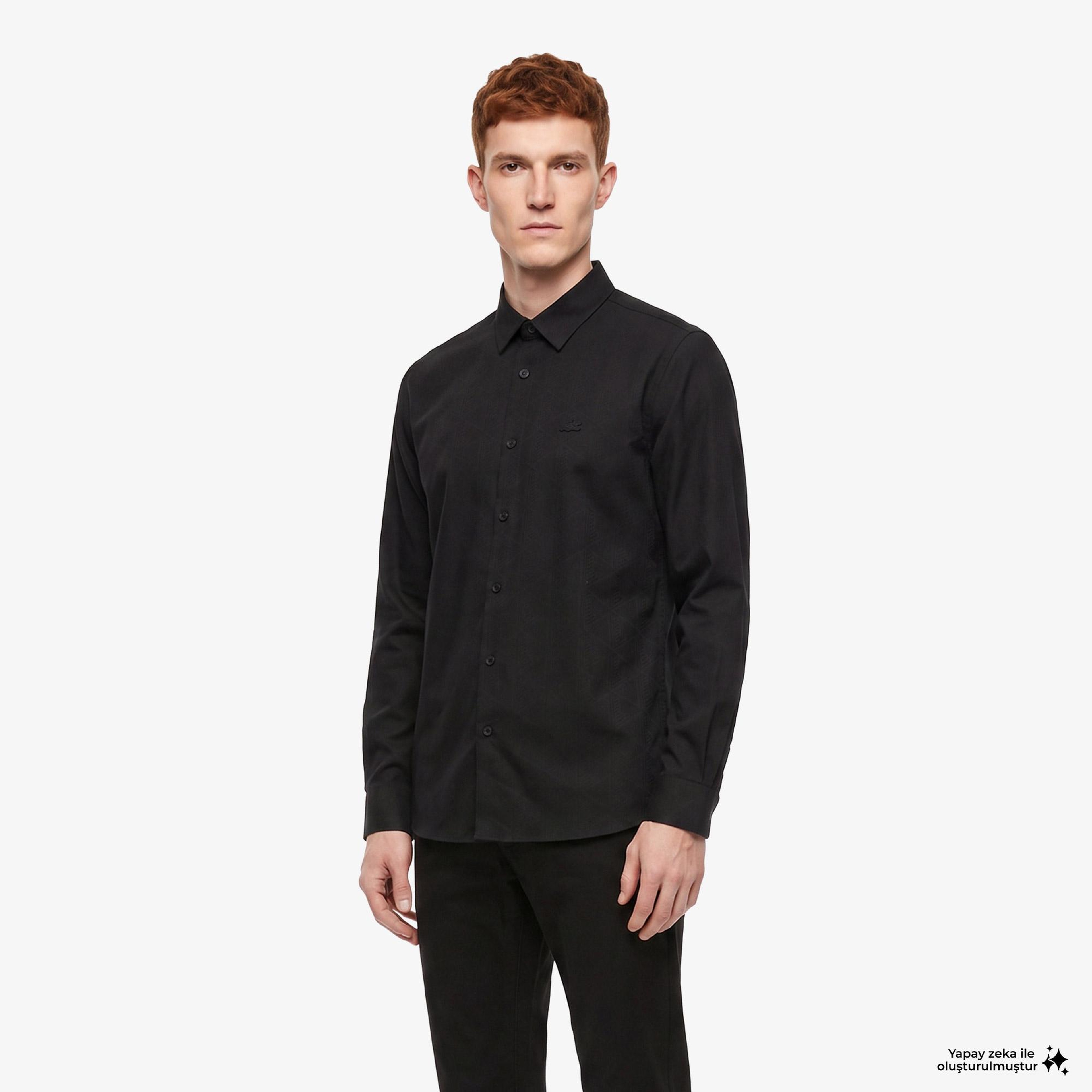 Erkek Slim Fit Düğmeli Yaka Siyah Gömlek