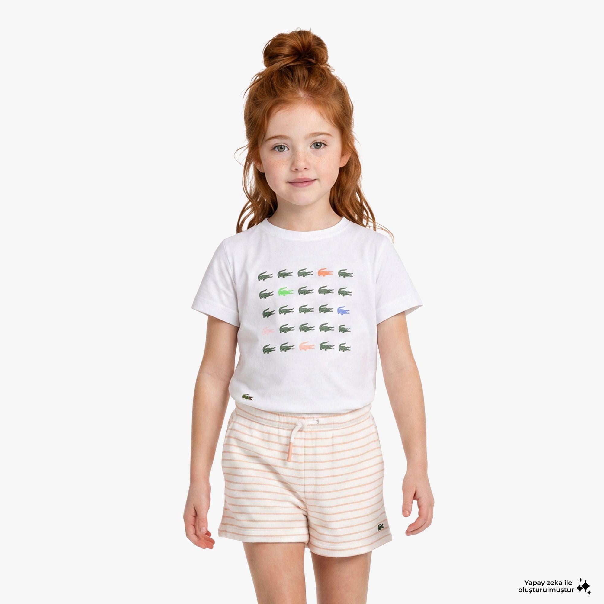 Kız Çocuk Bisiklet Yaka Baskılı Beyaz T-Shirt