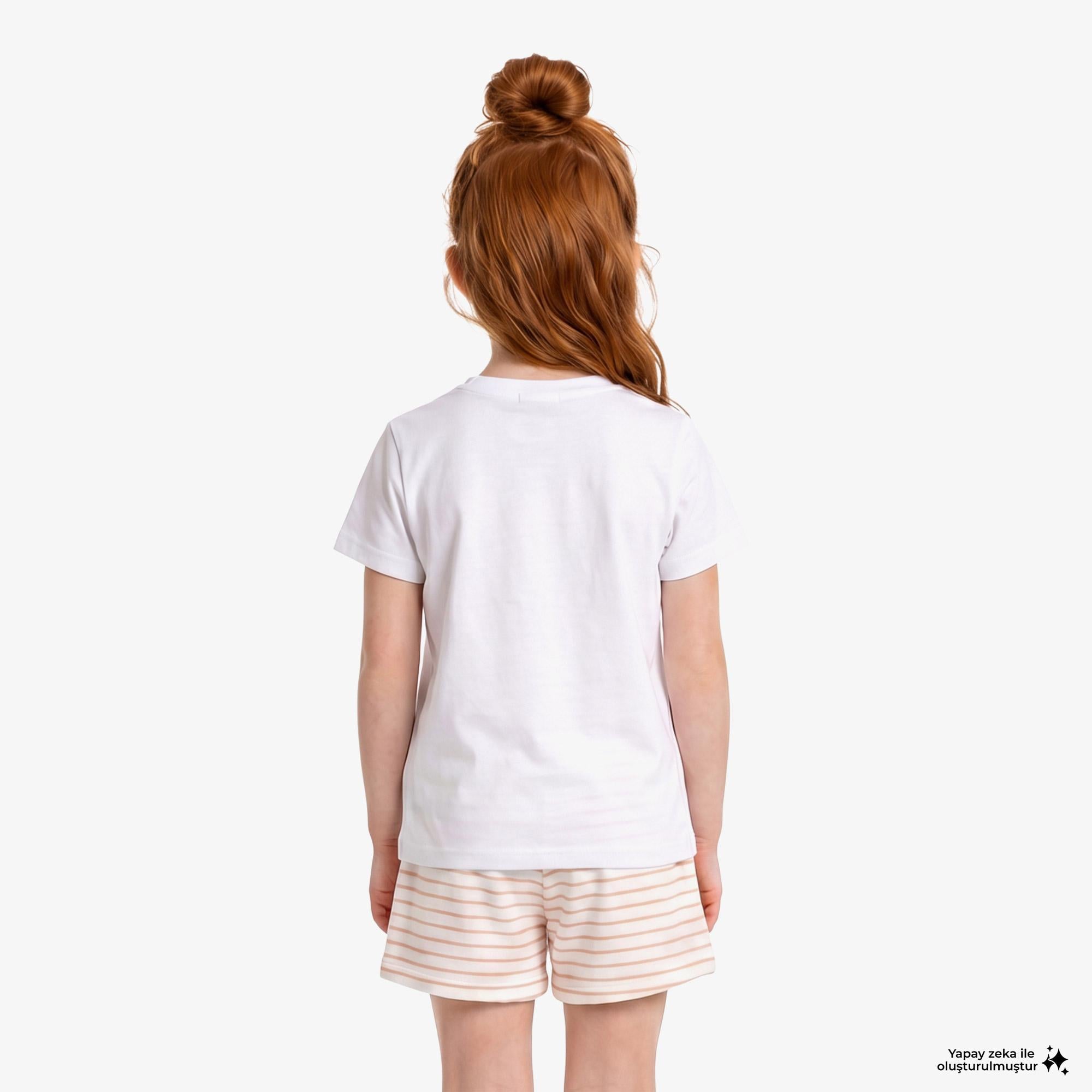Kız Çocuk Bisiklet Yaka Baskılı Beyaz T-Shirt