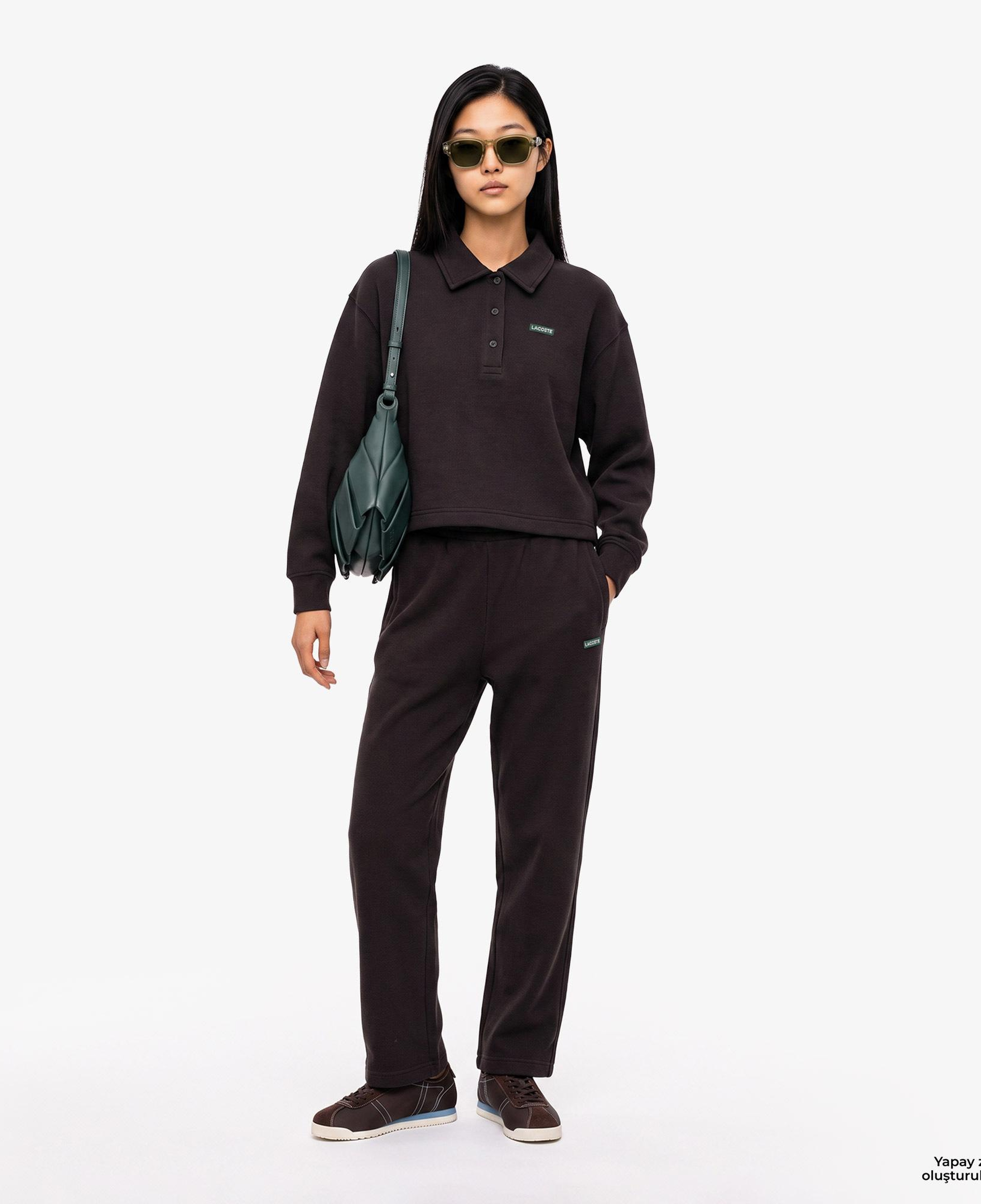 Kadın Oversize Fit Polo Yaka Kahverengi Sweatshirt