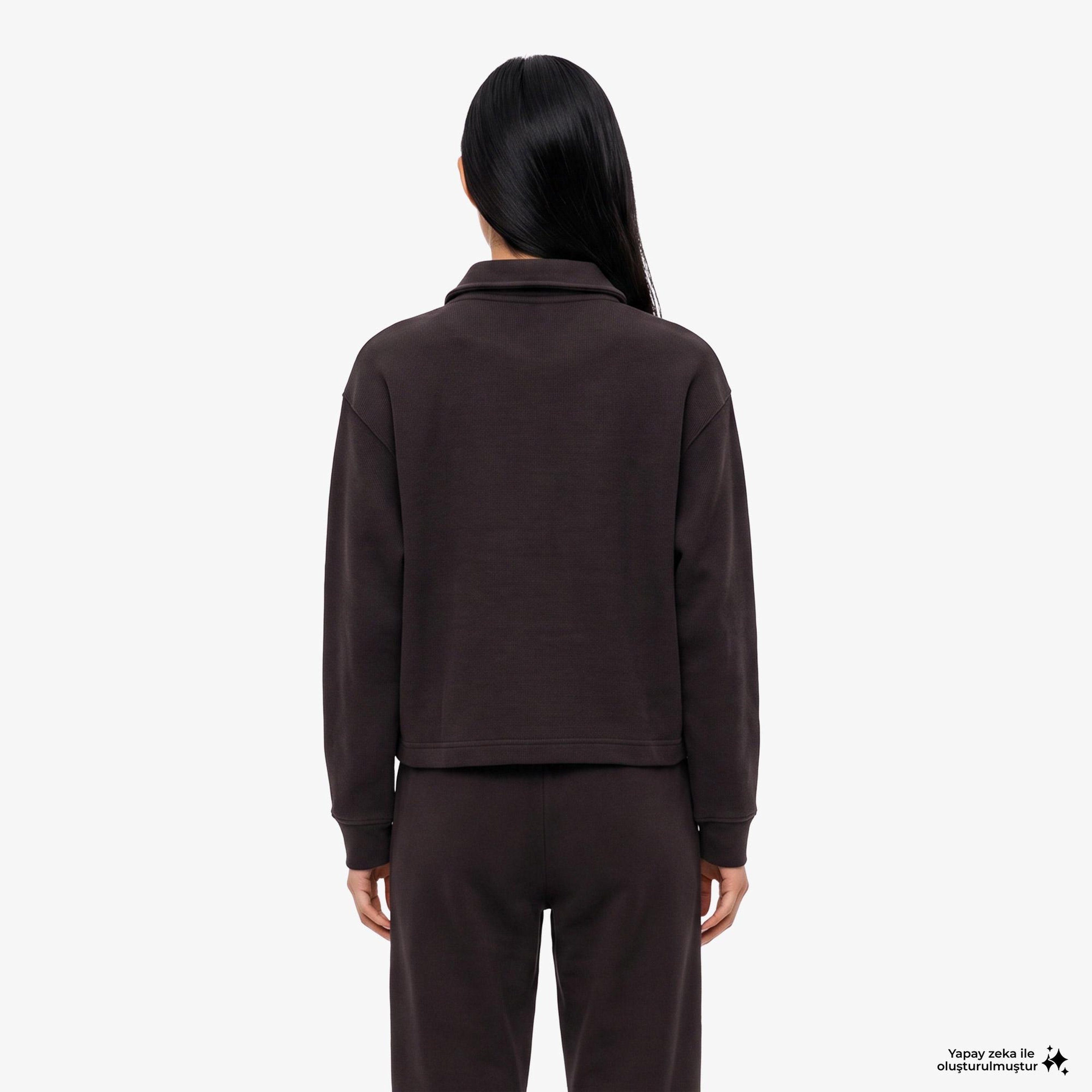 Kadın Oversize Fit Polo Yaka Kahverengi Sweatshirt