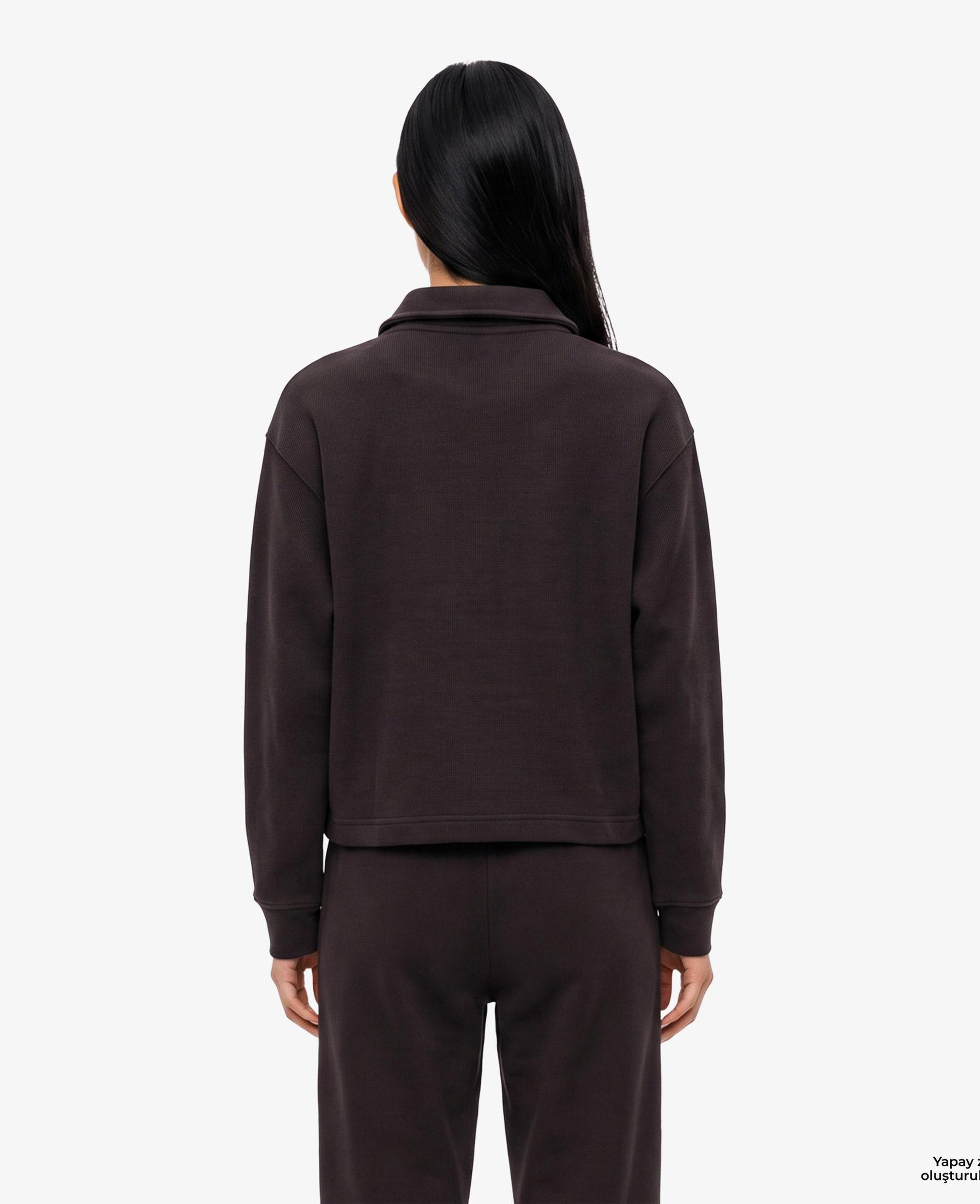 Kadın Oversize Fit Polo Yaka Kahverengi Sweatshirt