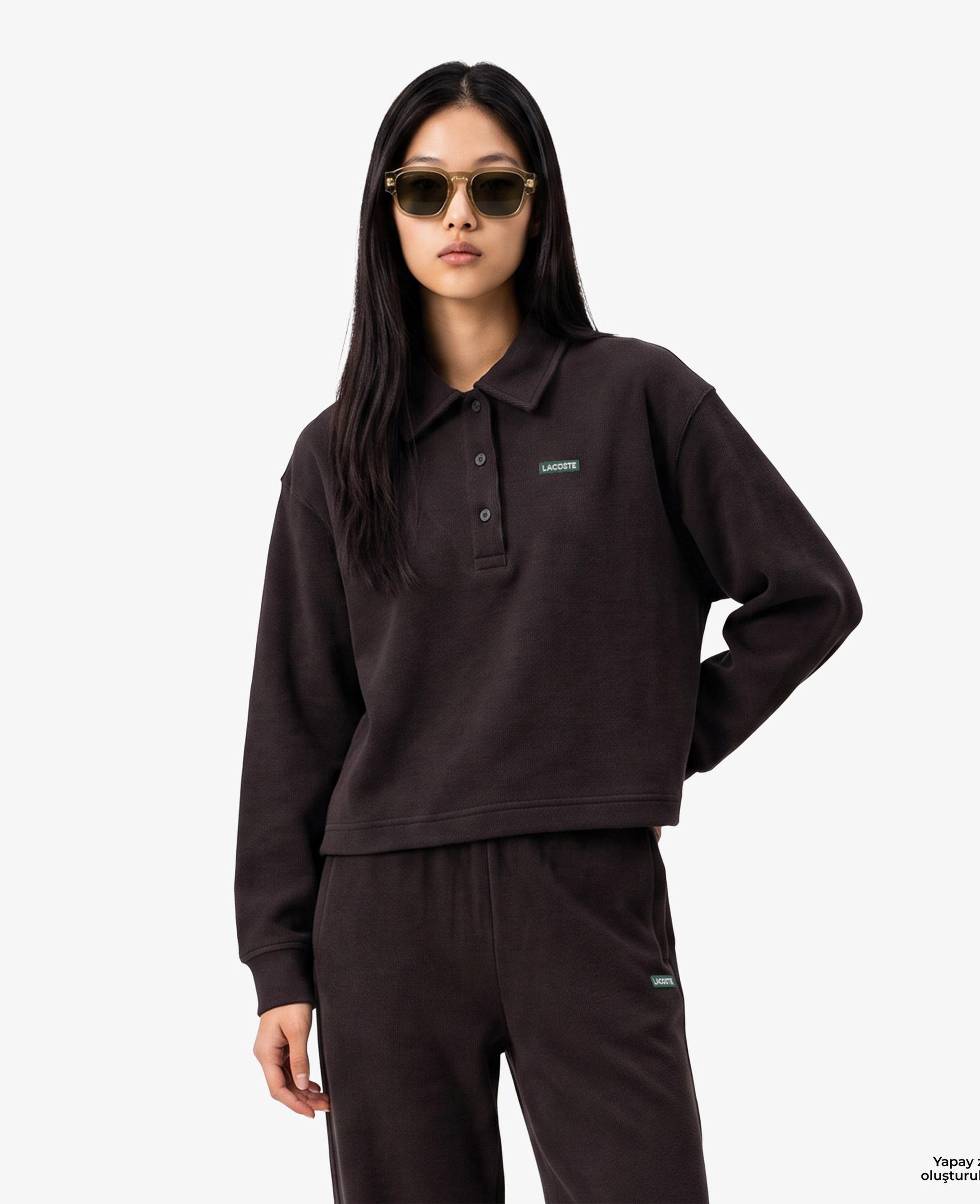 Kadın Oversize Fit Polo Yaka Kahverengi Sweatshirt