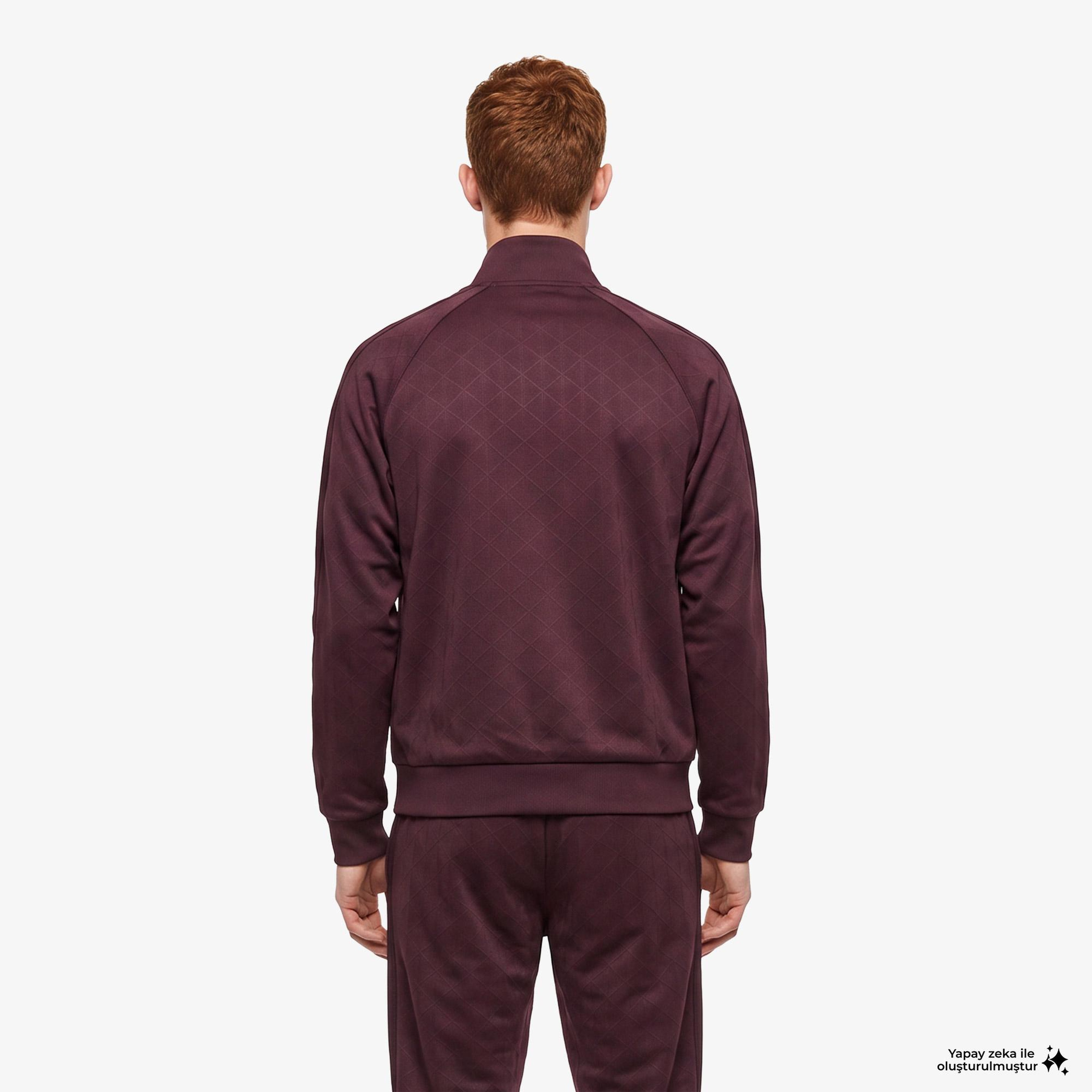 Erkek Regular Fit Fermuarlı Baskılı Bordo Sweatshirt