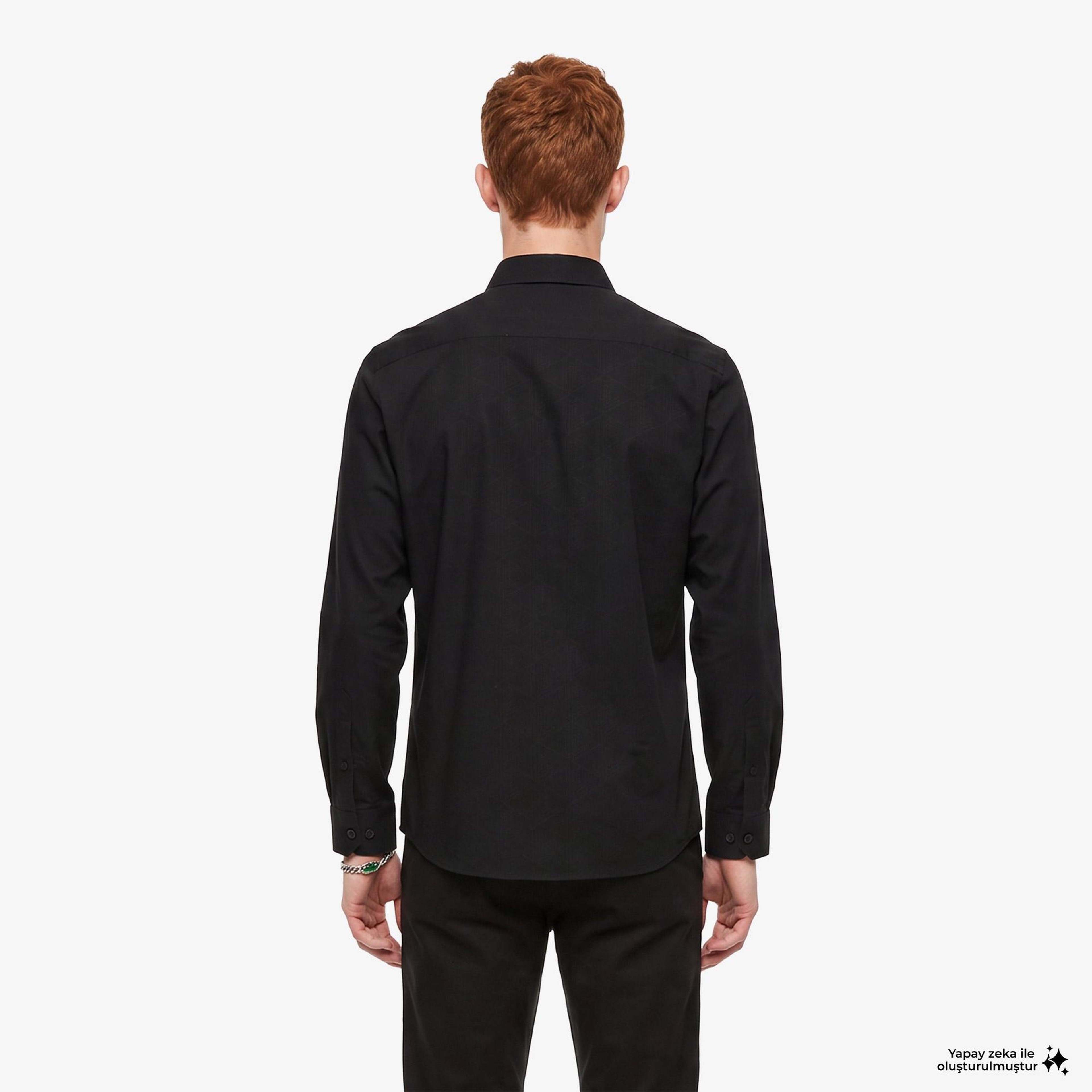 Erkek Slim Fit Düğmeli Yaka Siyah Gömlek
