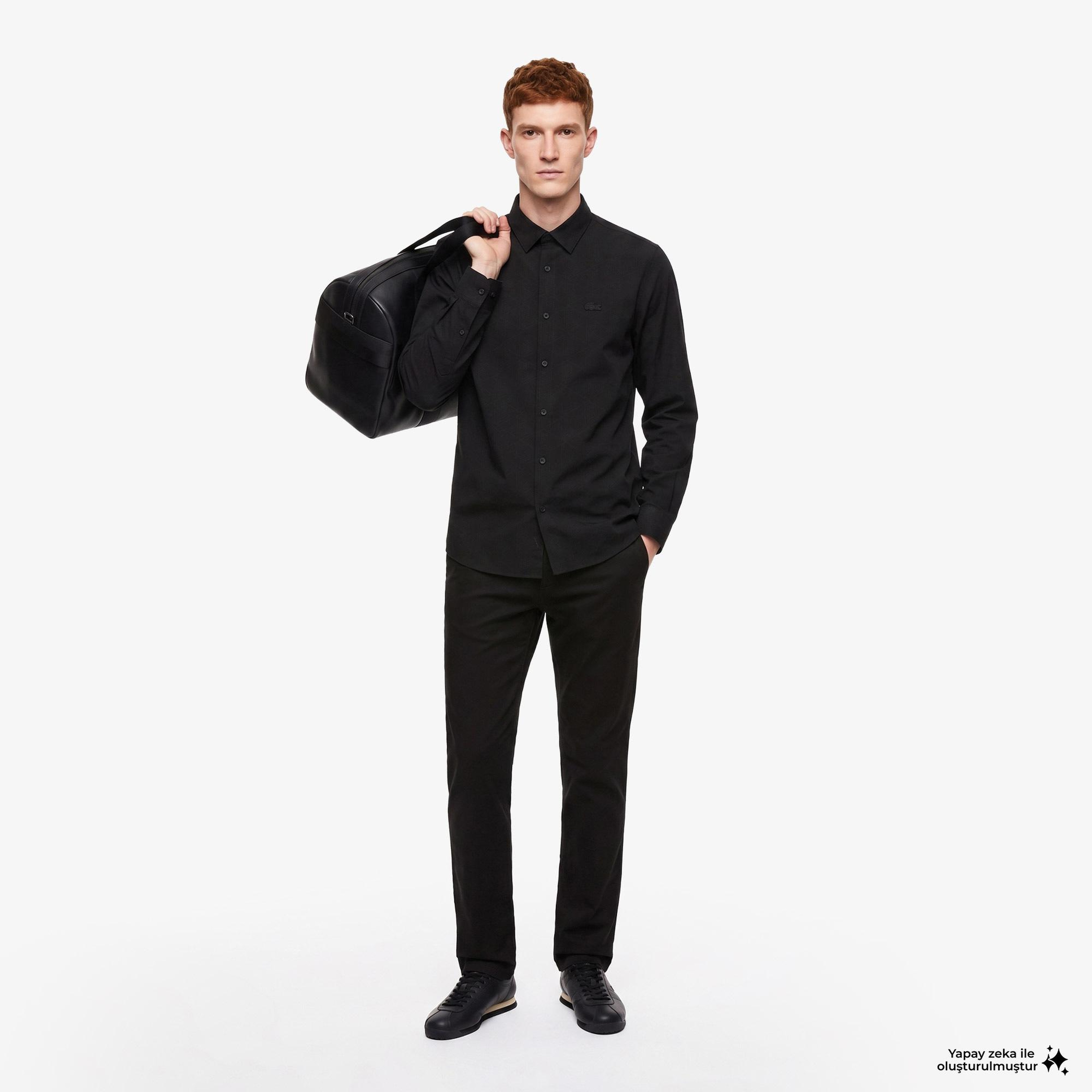 Erkek Slim Fit Düğmeli Yaka Siyah Gömlek