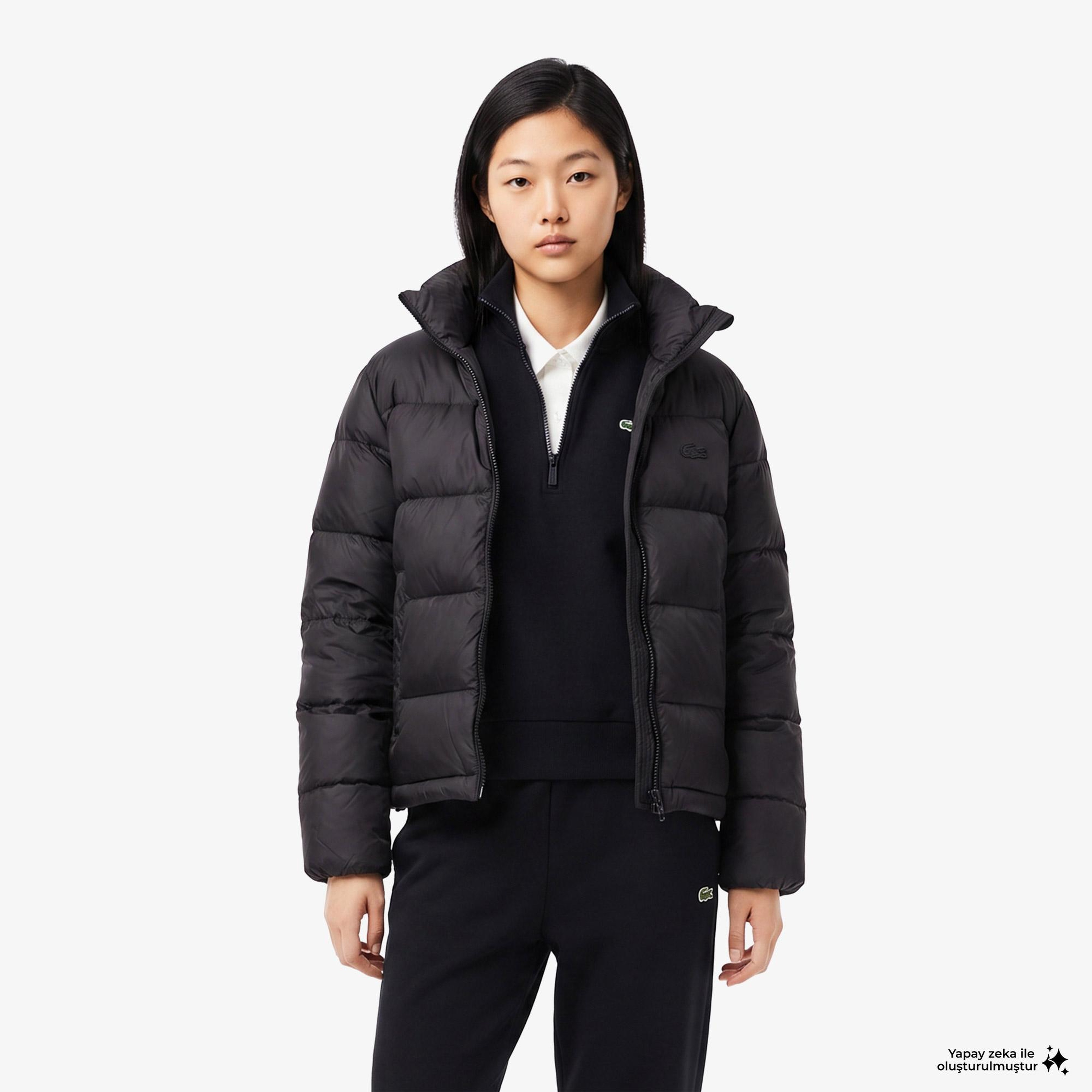 Kadın Relaxed Fit Dik Yaka Siyah Mont