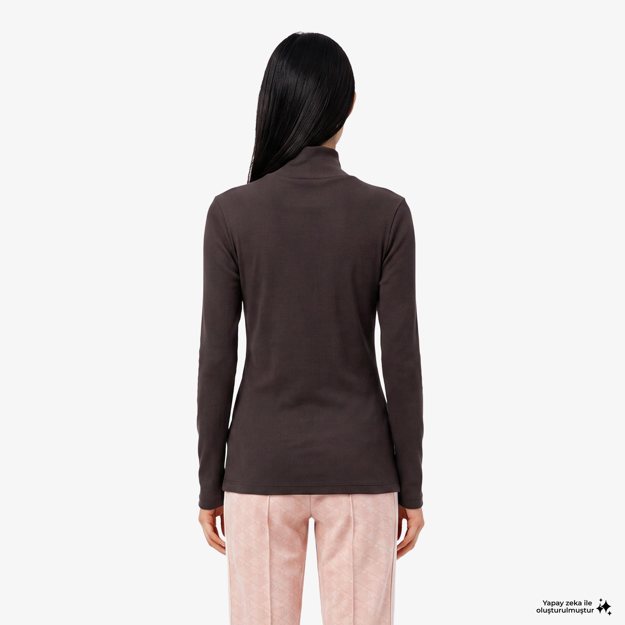 Kadın Slim Fit Uzun Kollu Boğazlı Yaka Çizgili Kahverengi T-Shirt