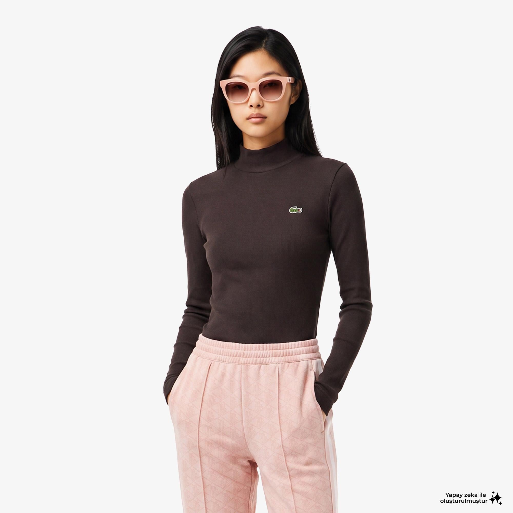 Kadın Slim Fit Uzun Kollu Boğazlı Yaka Çizgili Kahverengi T-Shirt