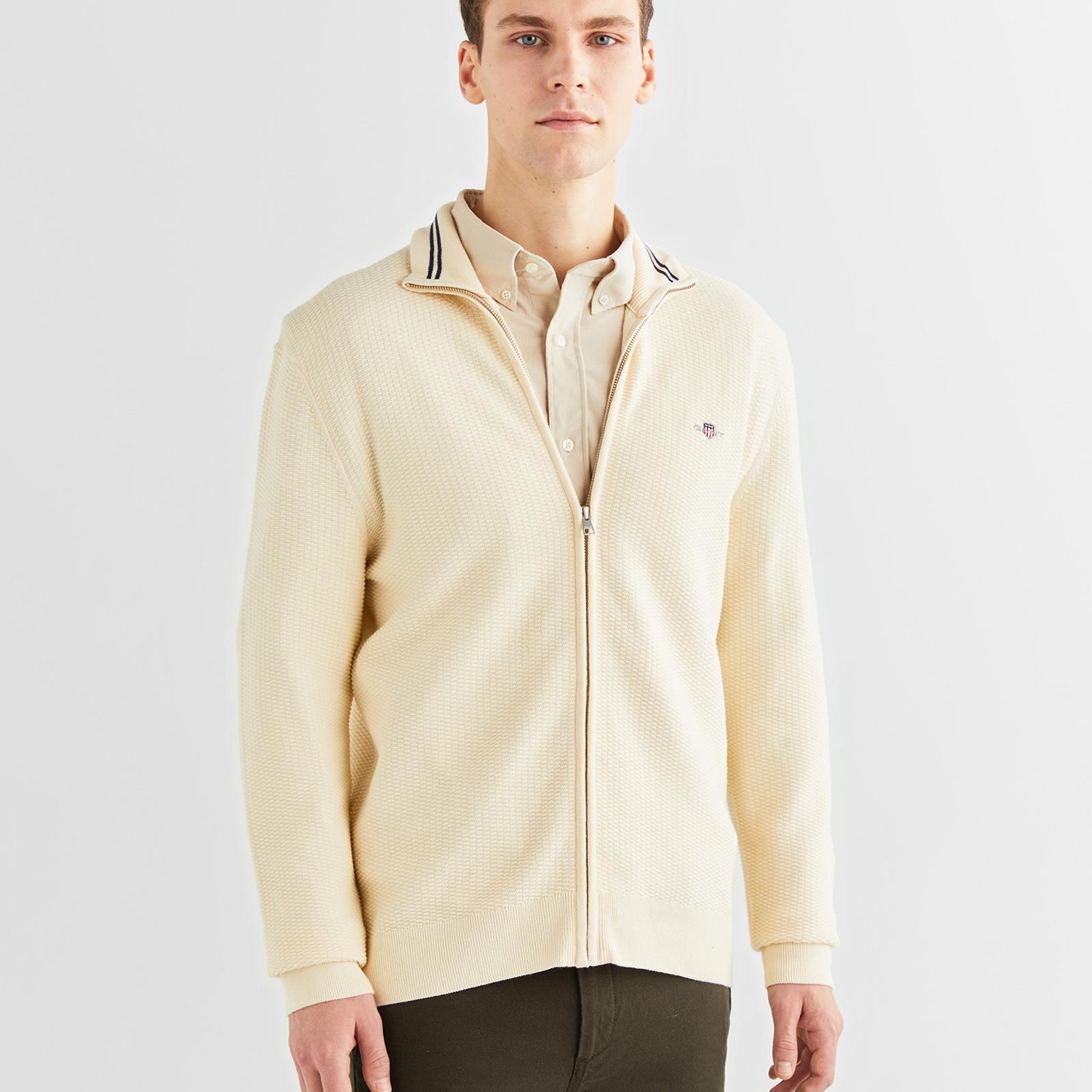 GANT Erkek Krem Regular Fit Fermuarlı Hırka