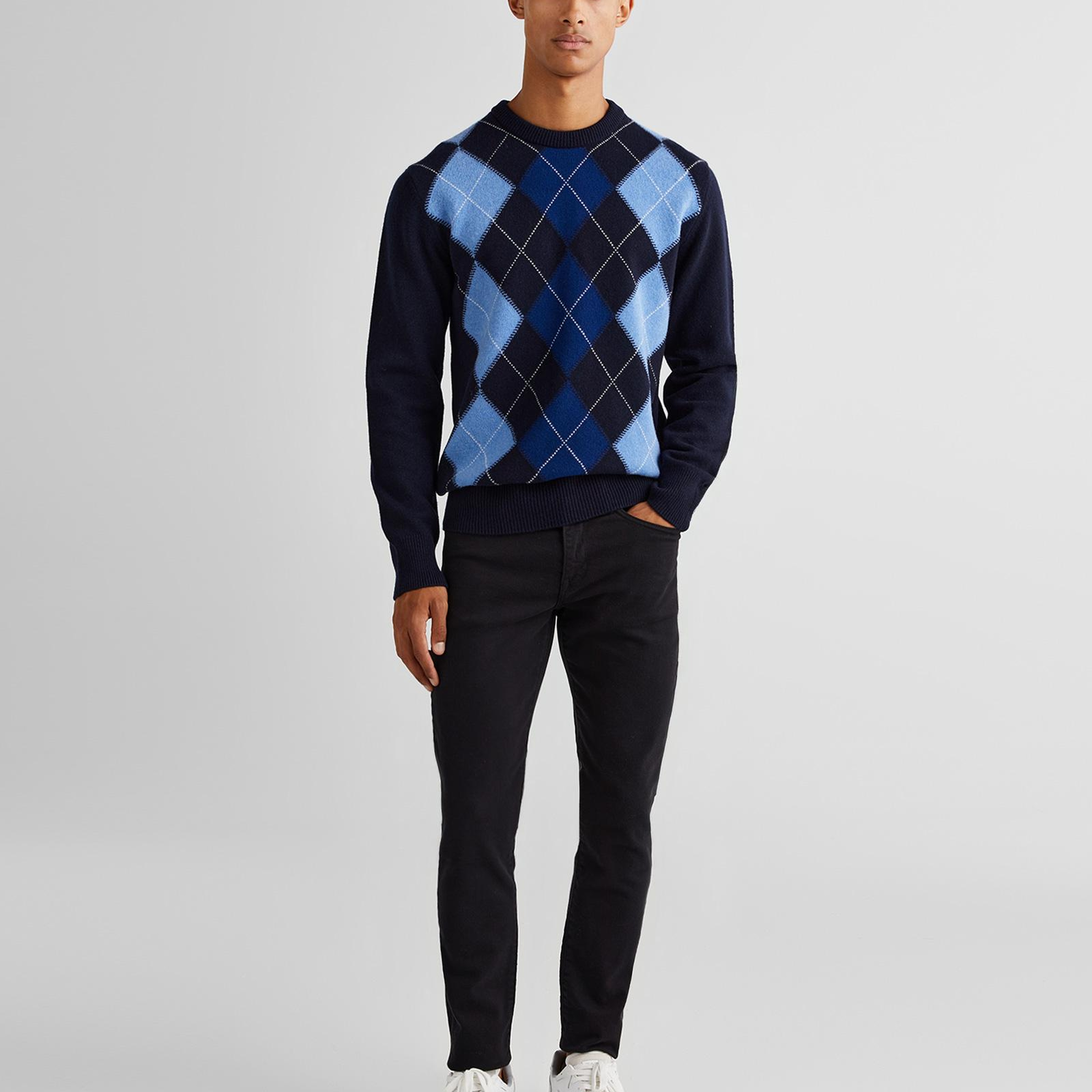 GANT Erkek Lacivert Regular Fit Bisiklet Yaka Desenli Yün Kazak