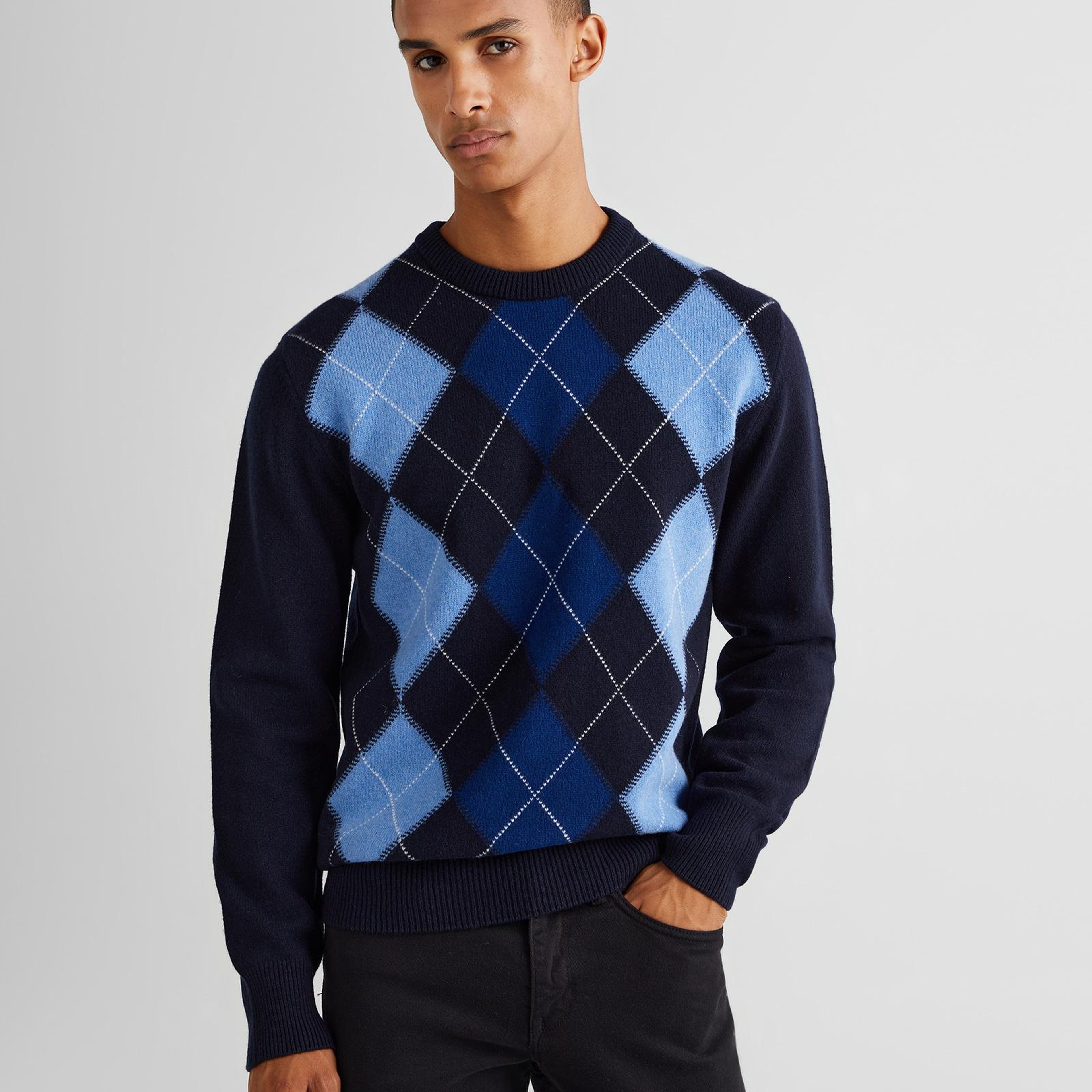 GANT Erkek Lacivert Regular Fit Bisiklet Yaka Desenli Yün Kazak