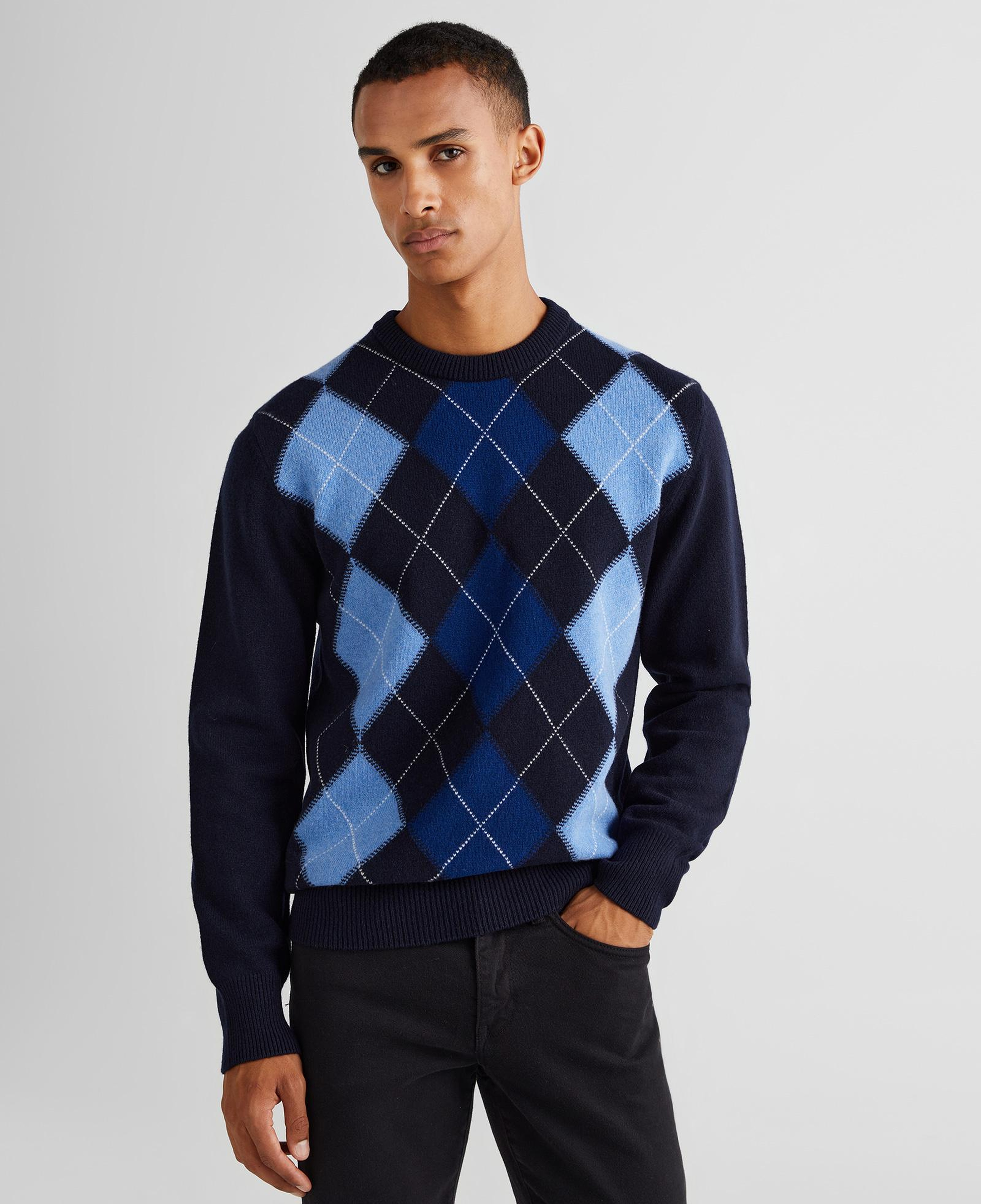 GANT Erkek Lacivert Regular Fit Bisiklet Yaka Desenli Yün Kazak