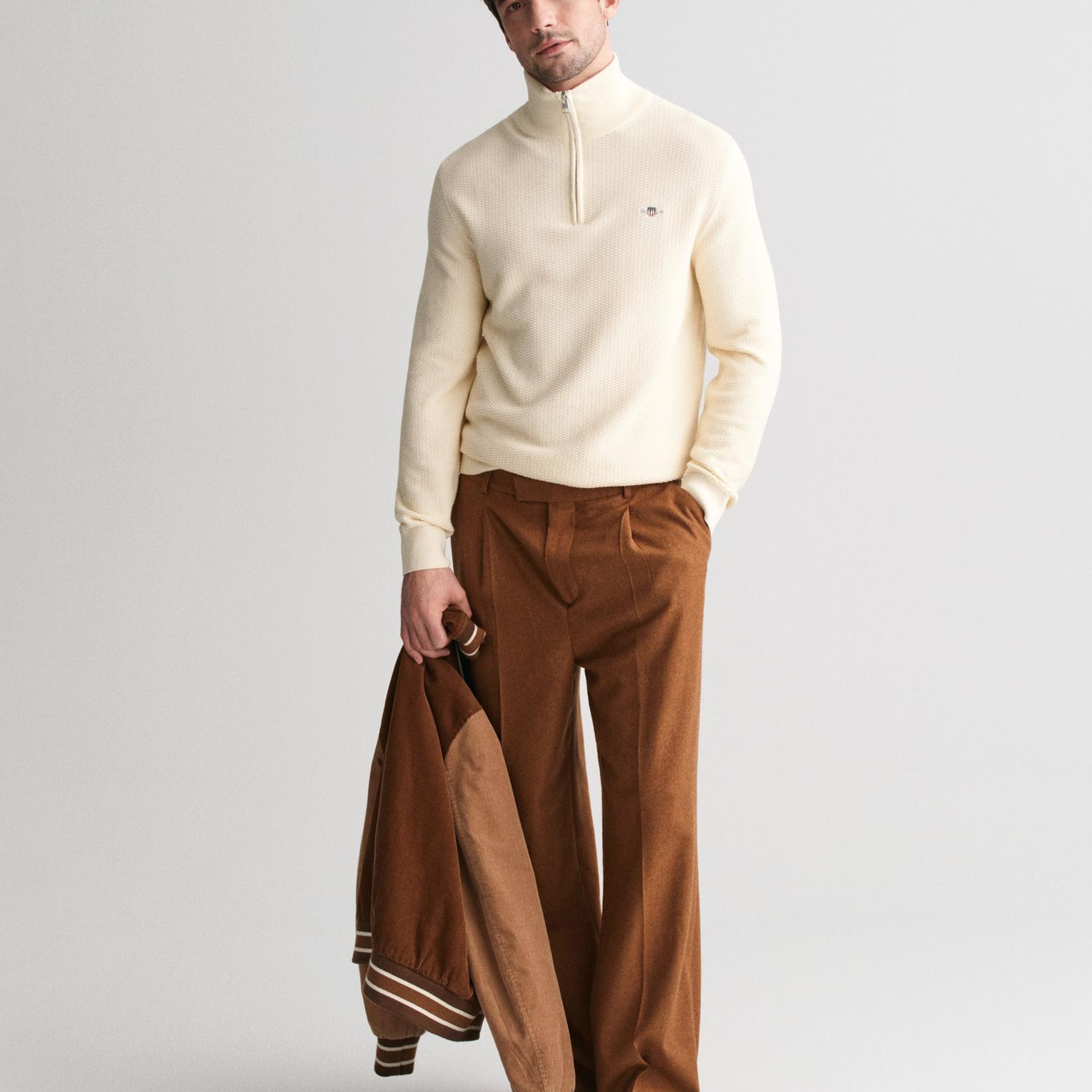GANT Erkek Krem Regular Fit Yarım Fermuarlı Kazak