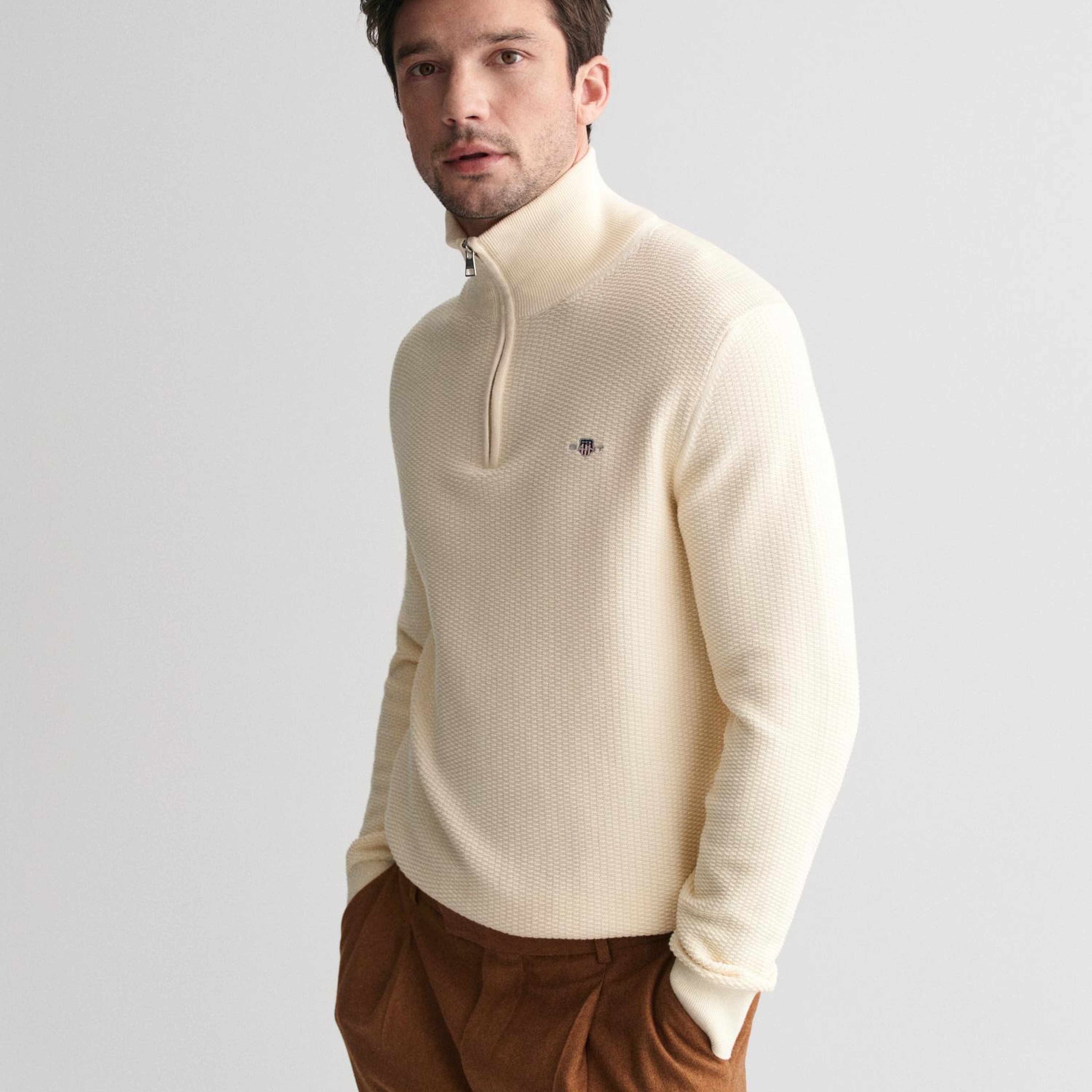 GANT Erkek Krem Regular Fit Yarım Fermuarlı Kazak
