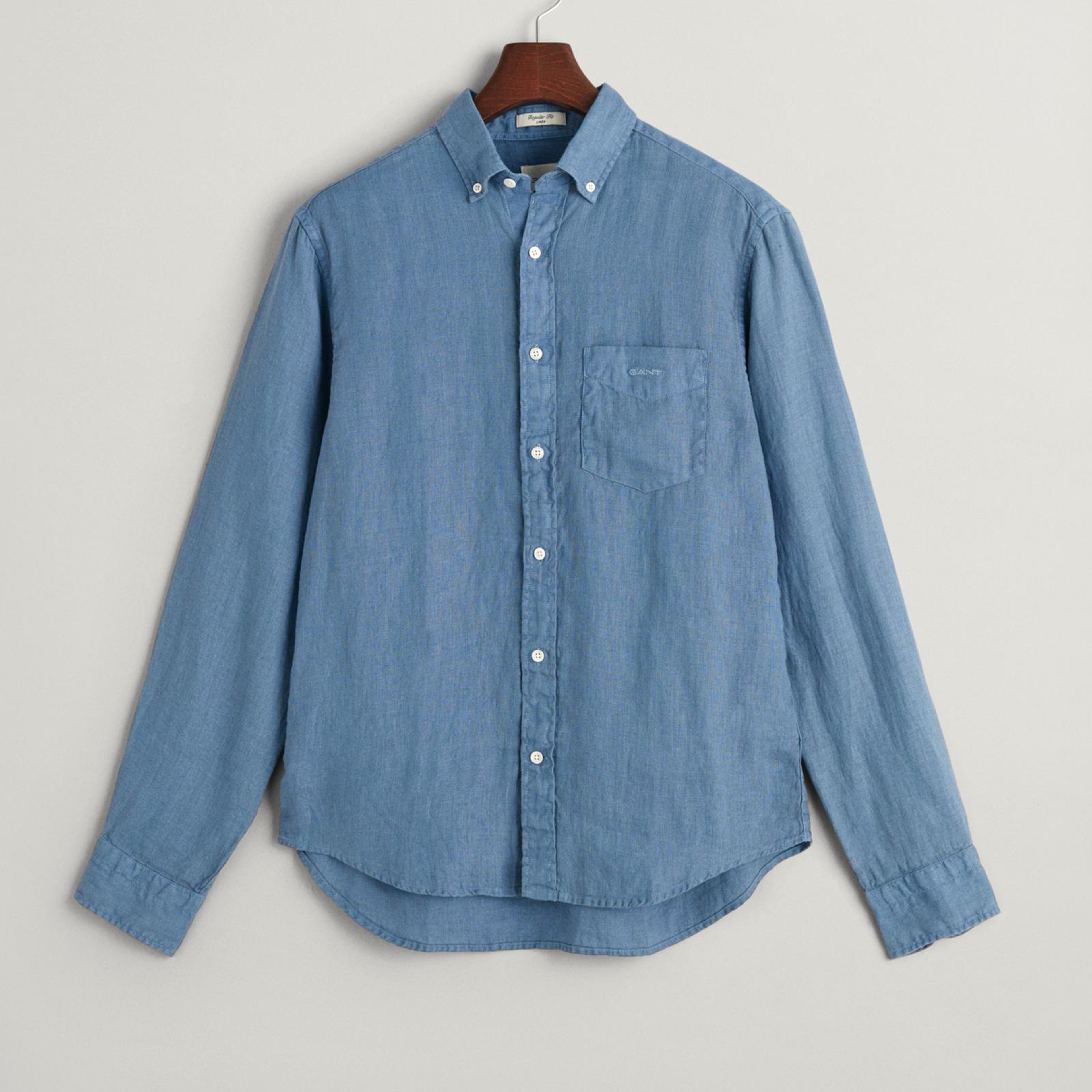 GANT Erkek Mavi Regular Fit Düğmeli Yaka Keten Gömlek