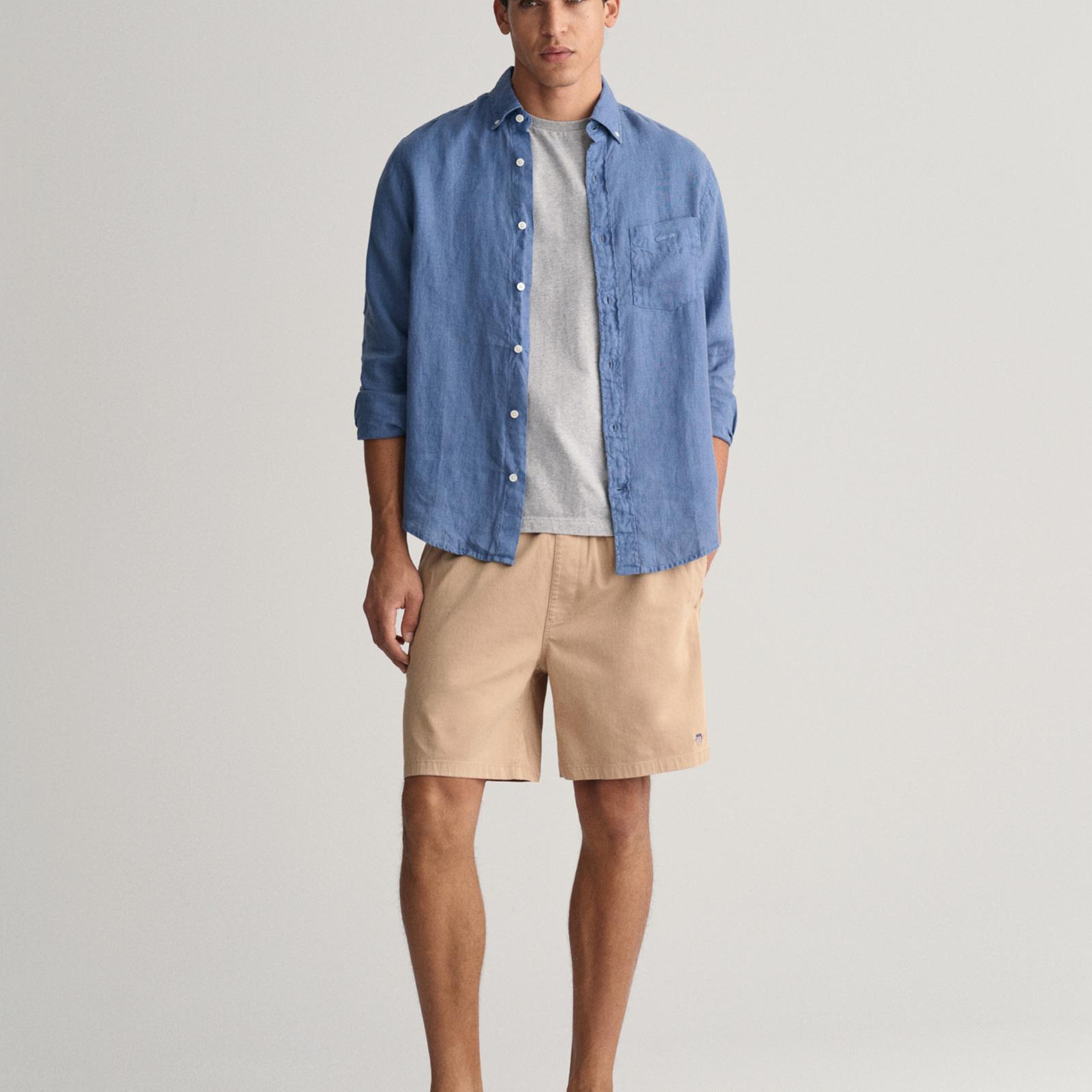 GANT Erkek Mavi Regular Fit Düğmeli Yaka Keten Gömlek