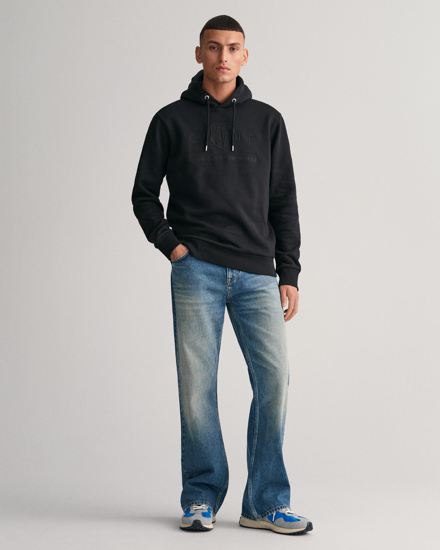 Gant Erkek Siyah Regular Fit Kapüşonlu Logolu Sweatshirt