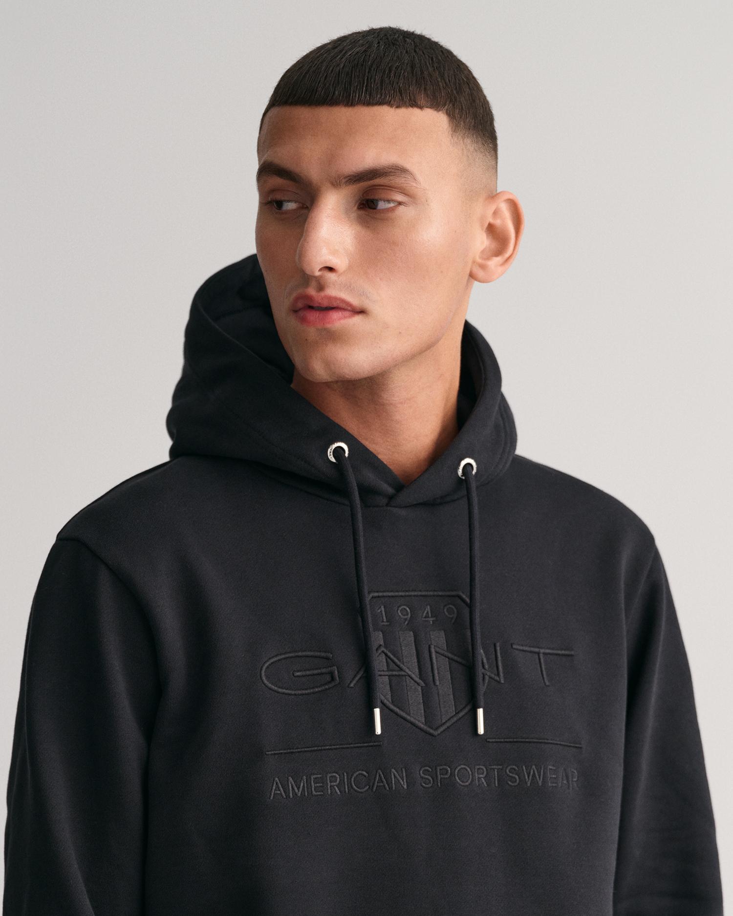 Gant Erkek Siyah Regular Fit Kapüşonlu Logolu Sweatshirt