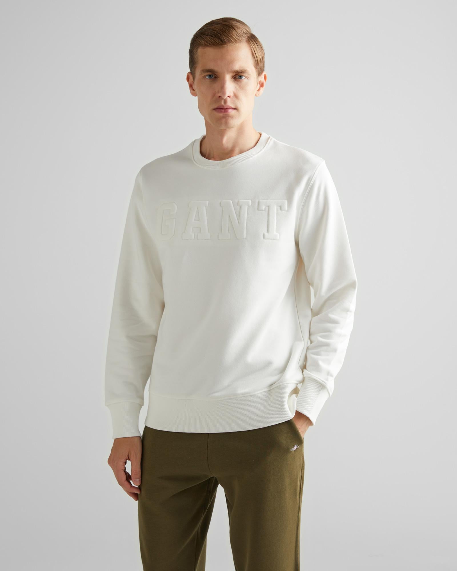 GANT Erkek Krem Regular Fit Bisiklet Yaka Logolu Sweatshirt